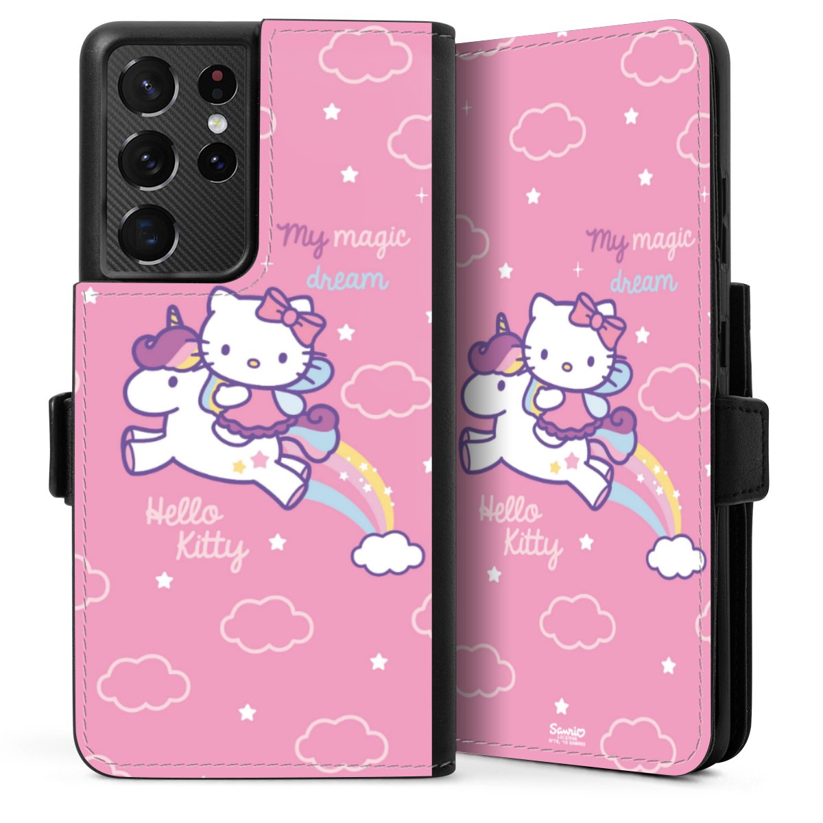 Galaxy S21 Ultra 5G Handy Klapphülle Handyhülle aus Kunst Leder schwarz Flip Case Einhorn Official Licensed Product Hello Kitty Sideflip mit Lasche