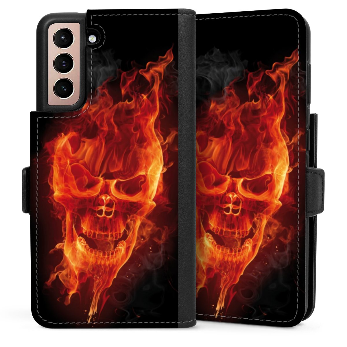 Galaxy S21 5G Handy Klapphülle Handyhülle aus Kunst Leder schwarz Flip Case Totenkopf Skull Fire Sideflip mit Lasche