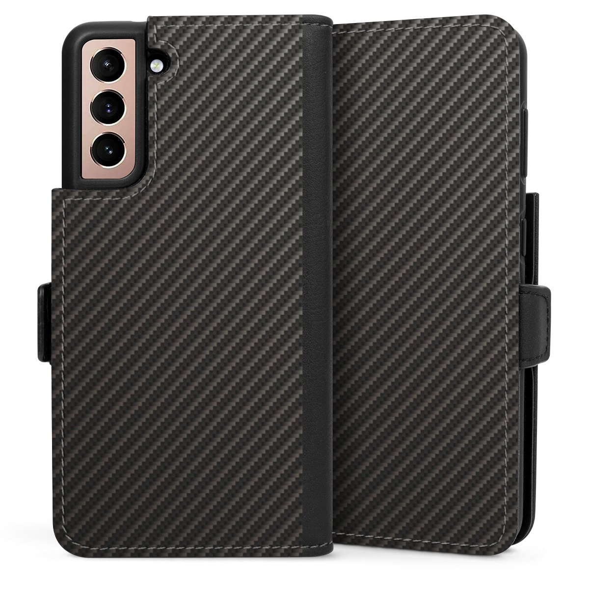 Galaxy S21 5G Handy Klapphülle Handyhülle aus Kunst Leder schwarz Flip Case Metallic Look Carbon Muster Sideflip mit Lasche