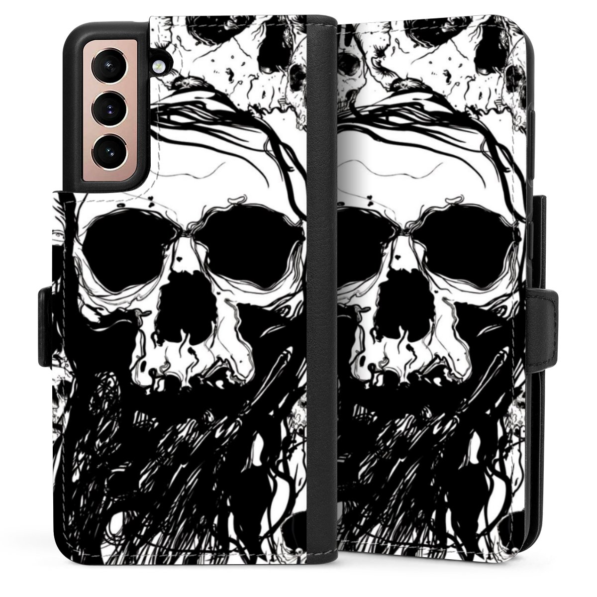 Galaxy S21 5G Handy Klapphülle Handyhülle aus Kunst Leder schwarz Flip Case Totenkopf Halloween Sideflip mit Lasche