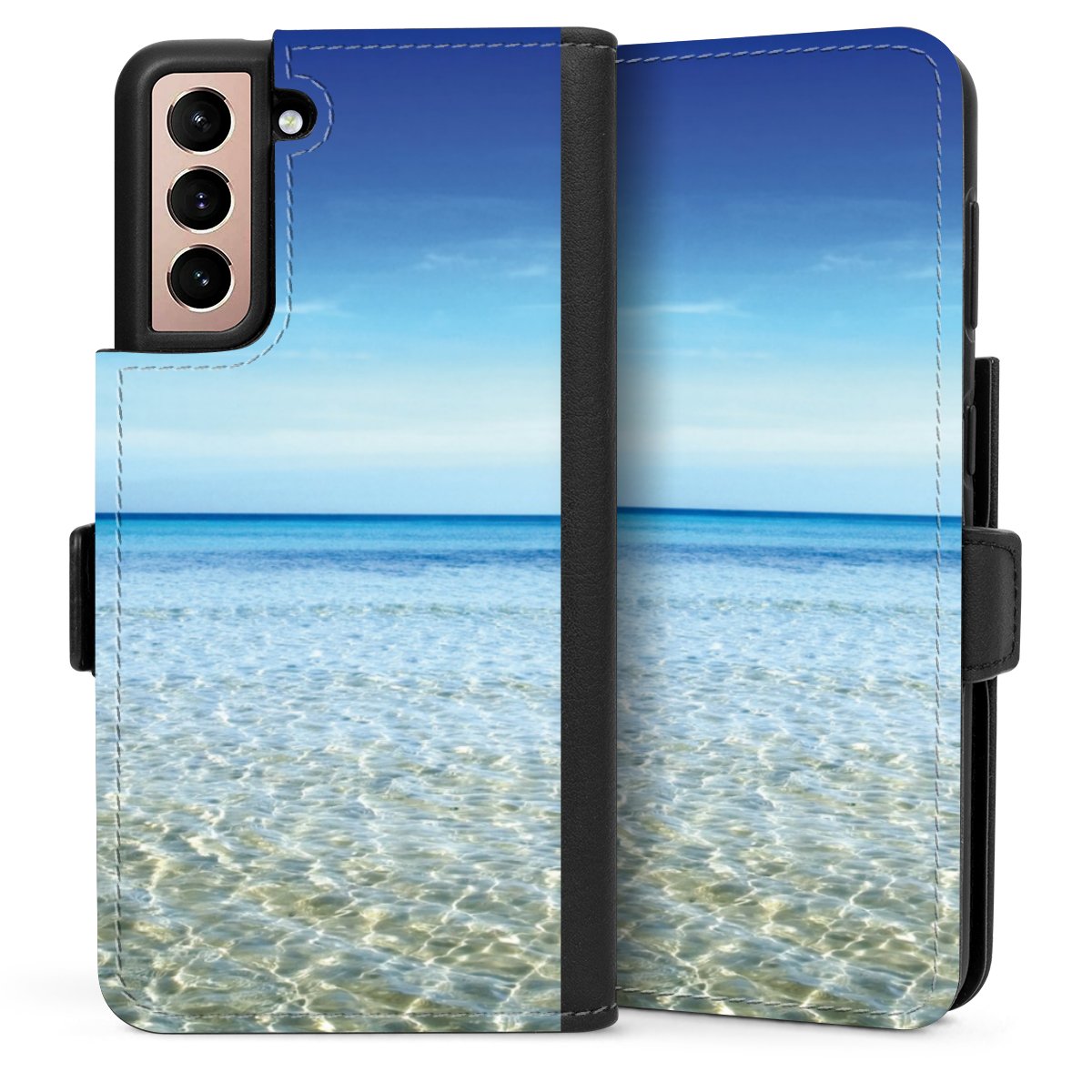 Galaxy S21 5G Handy Klapphülle Handyhülle aus Kunst Leder schwarz Flip Case Urlaub Sky Ocean Sideflip mit Lasche