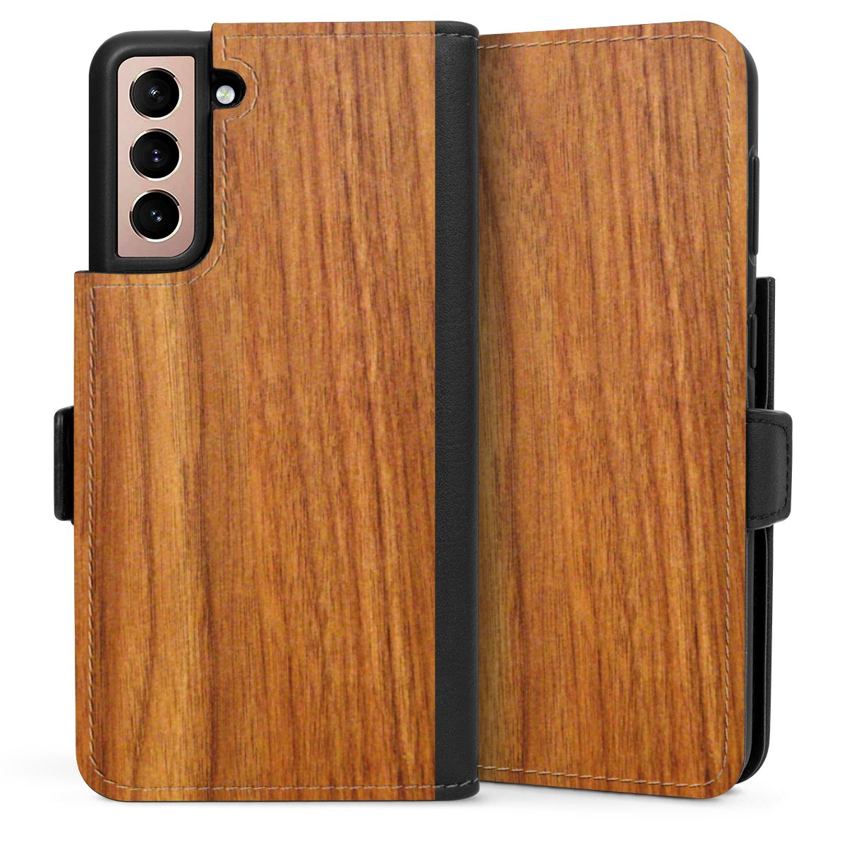 Galaxy S21 5G Handy Klapphülle Handyhülle aus Kunst Leder schwarz Flip Case Wood Larch Wooden Look Sideflip mit Lasche