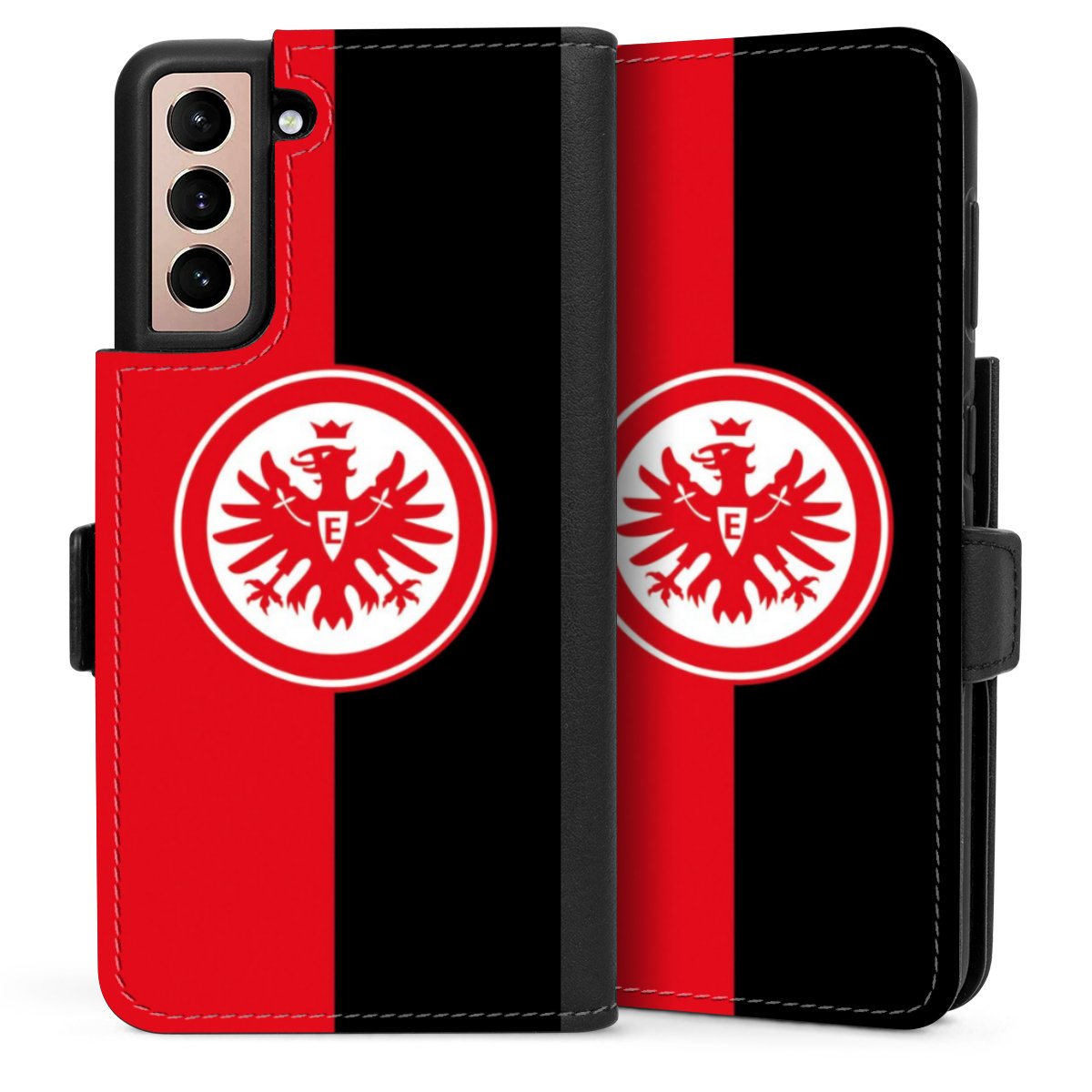 Galaxy S21 5G Handy Klapphülle Handyhülle aus Kunst Leder schwarz Flip Case Official Licensed Product Eintracht Frankfurt Sge Sideflip mit Lasche