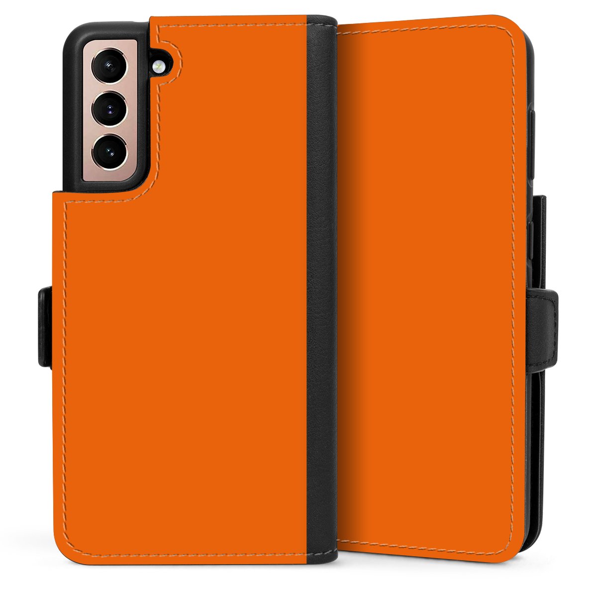 Galaxy S21 5G Handy Klapphülle Handyhülle aus Kunst Leder schwarz Flip Case Orange Colour Unicoloured Sideflip mit Lasche