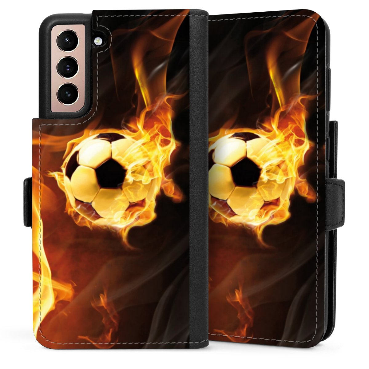 Galaxy S21 5G Handy Klapphülle Handyhülle aus Kunst Leder schwarz Flip Case Ball Fire Soccer Sideflip mit Lasche