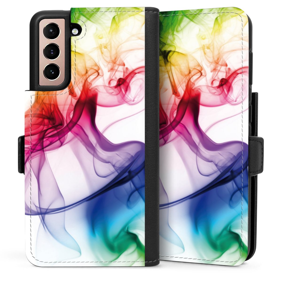 Galaxy S21 5G Handy Klapphülle Handyhülle aus Kunst Leder schwarz Flip Case Water Colour Rainbow Sideflip mit Lasche