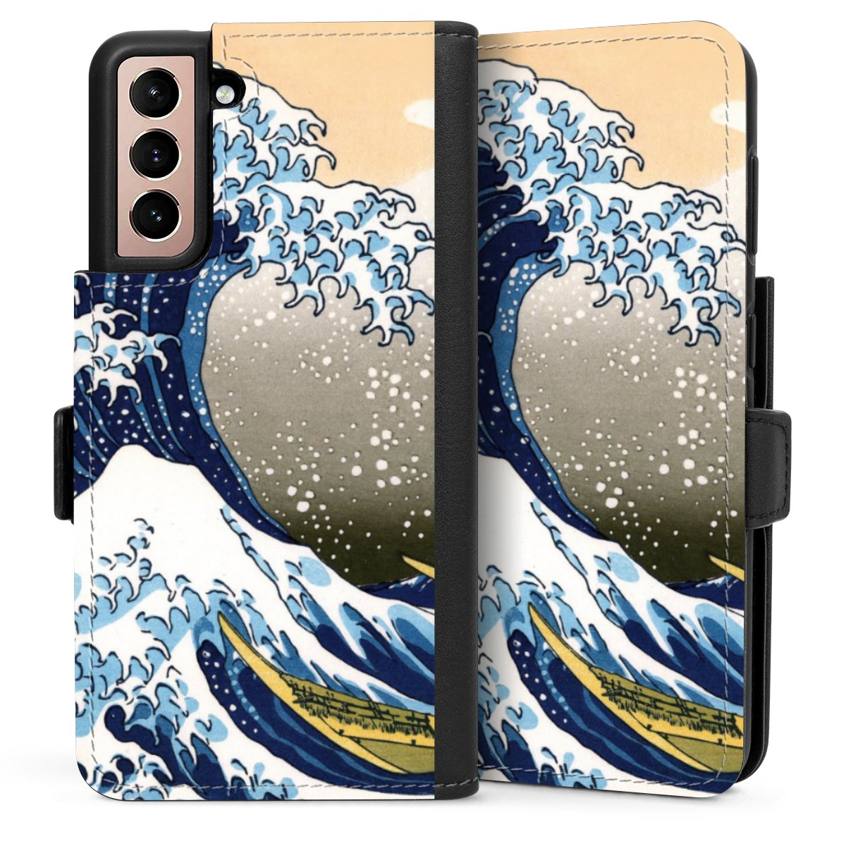 Galaxy S21 5G Handy Klapphülle Handyhülle aus Kunst Leder schwarz Flip Case Kunst Katsushika Hokusai Die Große Welle Vor Kanagawa Sideflip mit Lasche