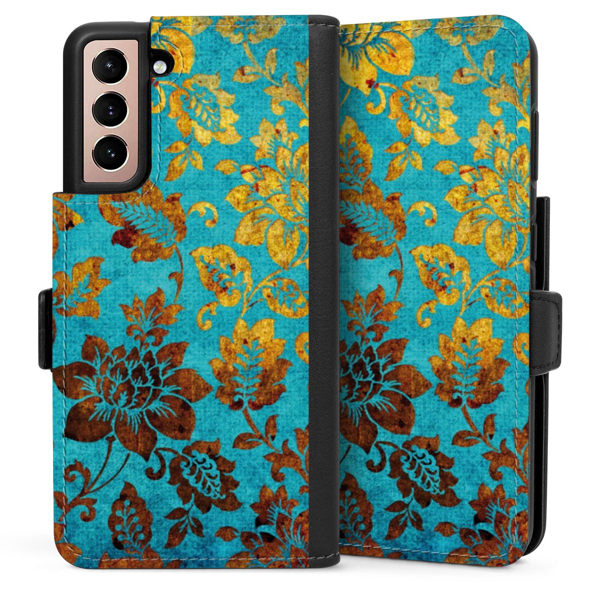 Galaxy S21 5G Handy Klapphülle Handyhülle aus Kunst Leder schwarz Flip Case Ornament Vintage Flowers Sideflip mit Lasche