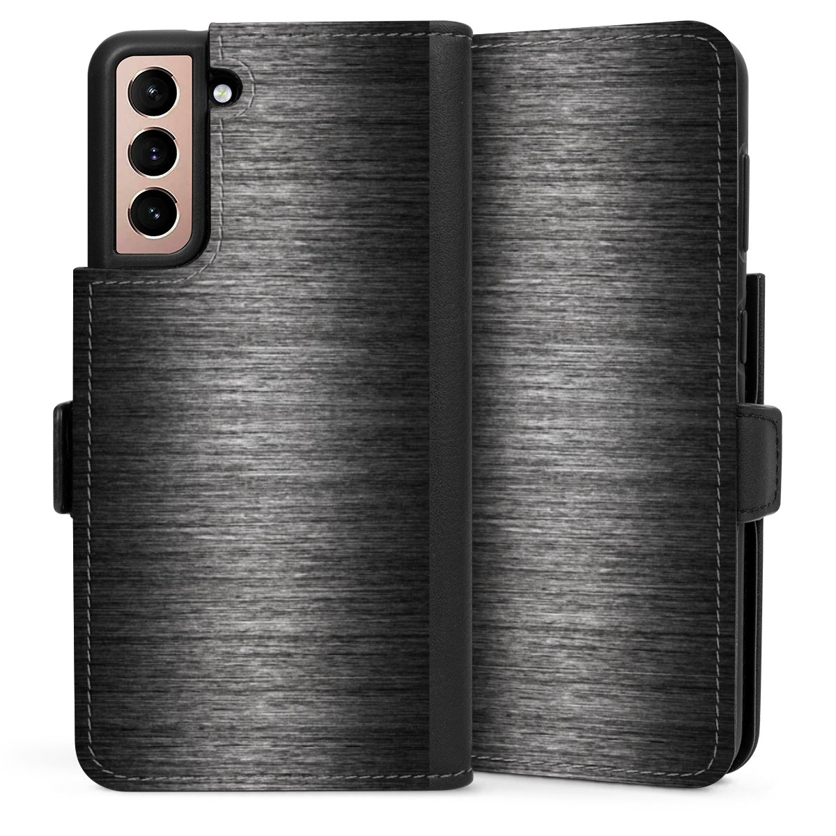 Galaxy S21 5G Handy Klapphülle Handyhülle aus Kunst Leder schwarz Flip Case Metallic Look Anthracite Metal Sideflip mit Lasche