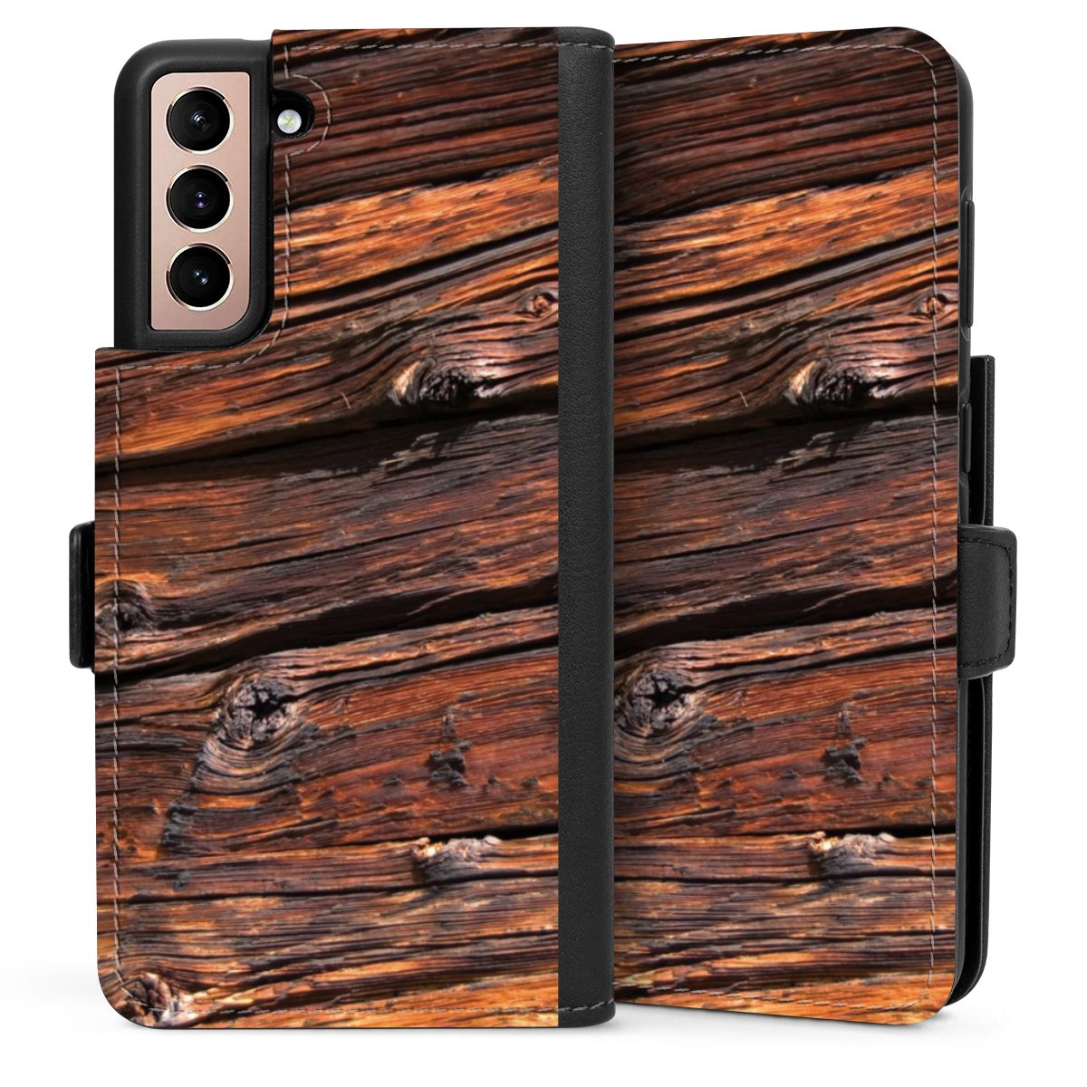 Galaxy S21 5G Handy Klapphülle Handyhülle aus Kunst Leder schwarz Flip Case Beams Wooden Look Wood Sideflip mit Lasche