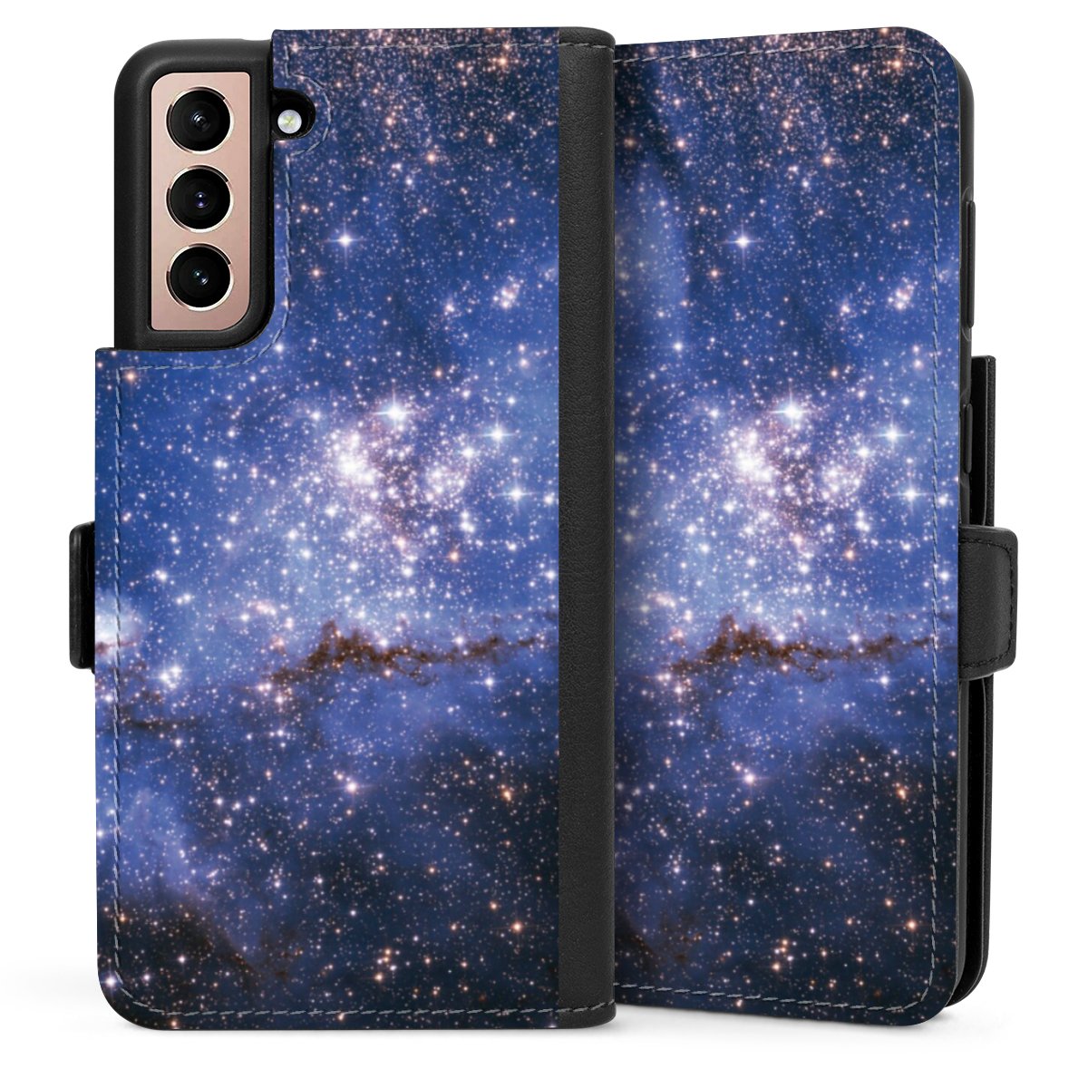 Galaxy S21 5G Handy Klapphülle Handyhülle aus Kunst Leder schwarz Flip Case Weltall Galaxy Weltraum Sideflip mit Lasche