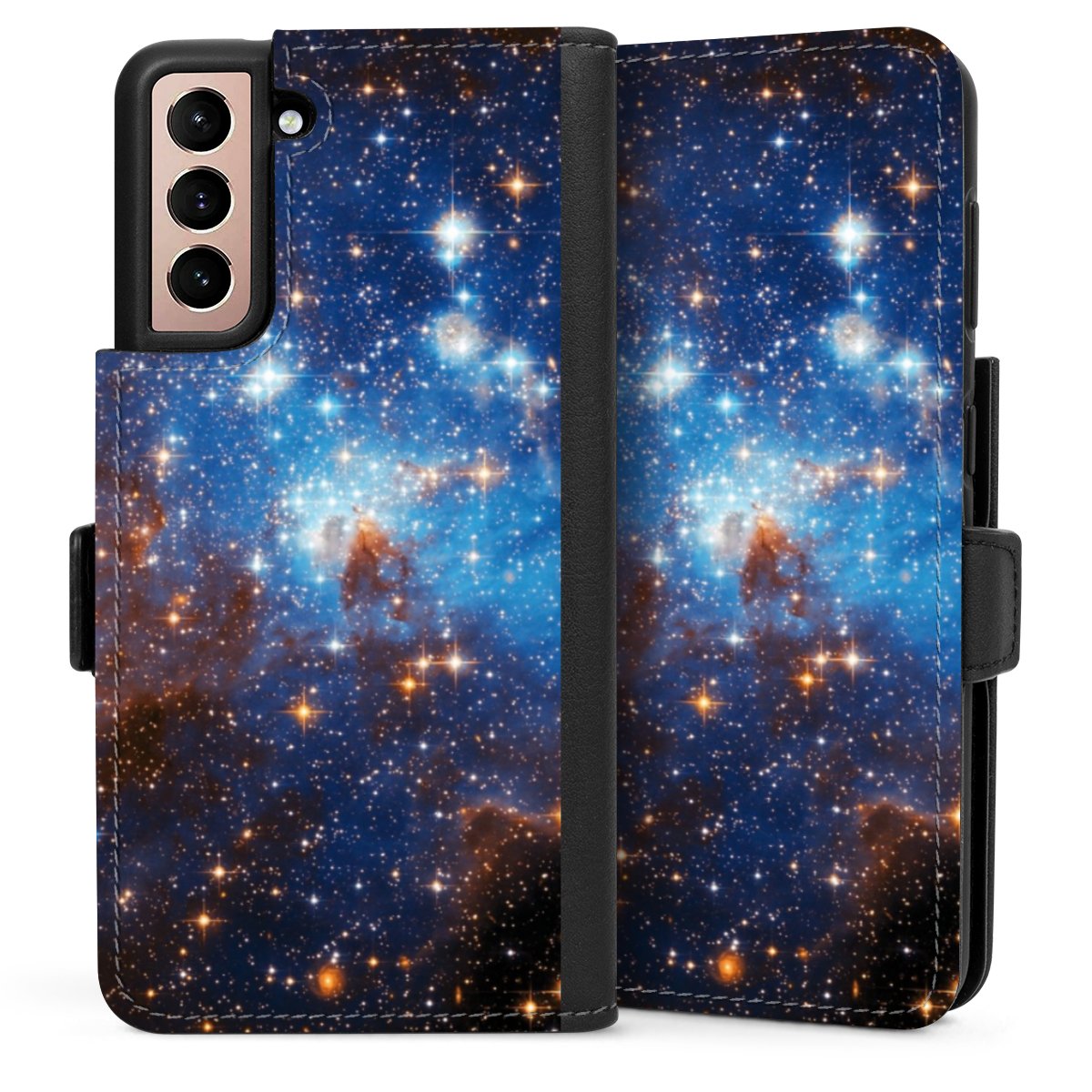 Galaxy S21 5G Handy Klapphülle Handyhülle aus Kunst Leder schwarz Flip Case Star Weltall Galaxy Sideflip mit Lasche