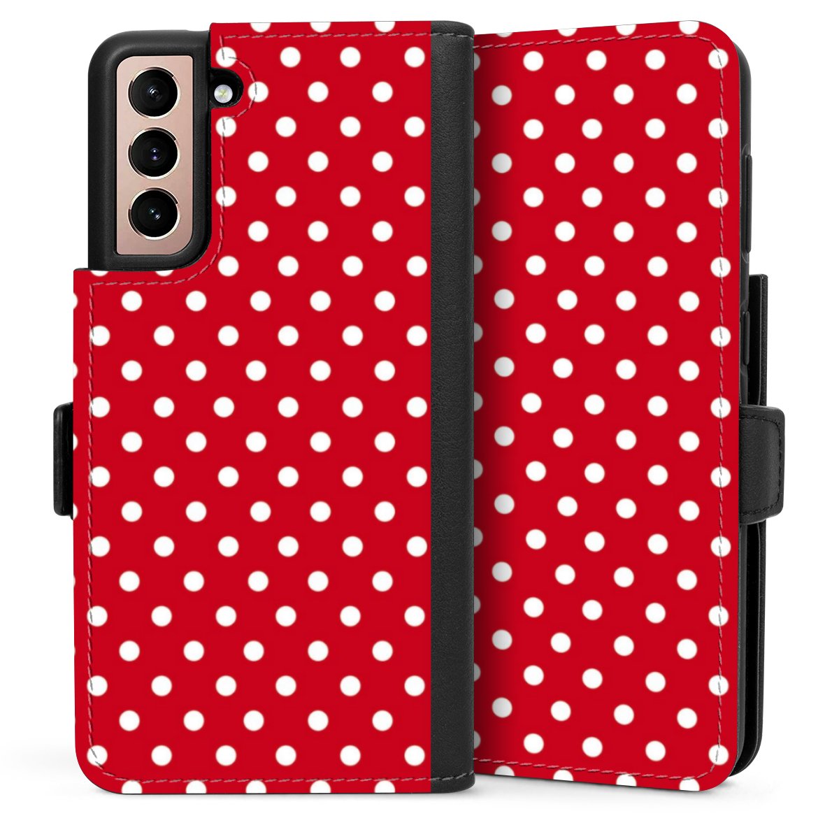 Galaxy S21 5G Handy Klapphülle Handyhülle aus Kunst Leder schwarz Flip Case Points Polka Dots Retro Sideflip mit Lasche