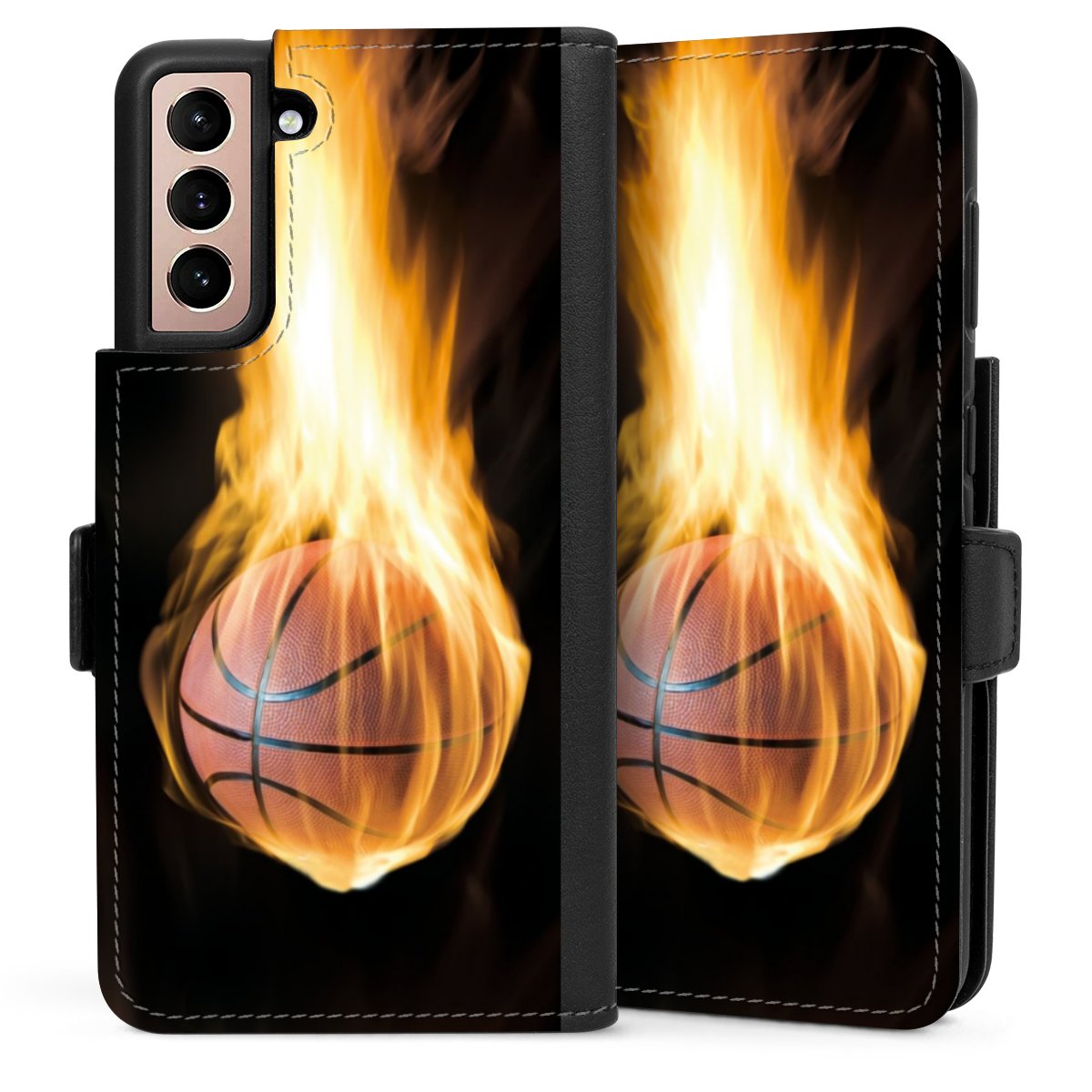 Galaxy S21 5G Handy Klapphülle Handyhülle aus Kunst Leder schwarz Flip Case Basketball Sports Fire Sideflip mit Lasche