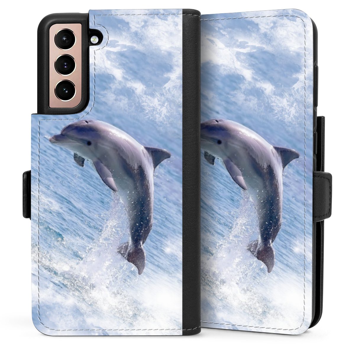 Galaxy S21 5G Handy Klapphülle Handyhülle aus Kunst Leder schwarz Flip Case Dolphin Ocean Wale Sideflip mit Lasche