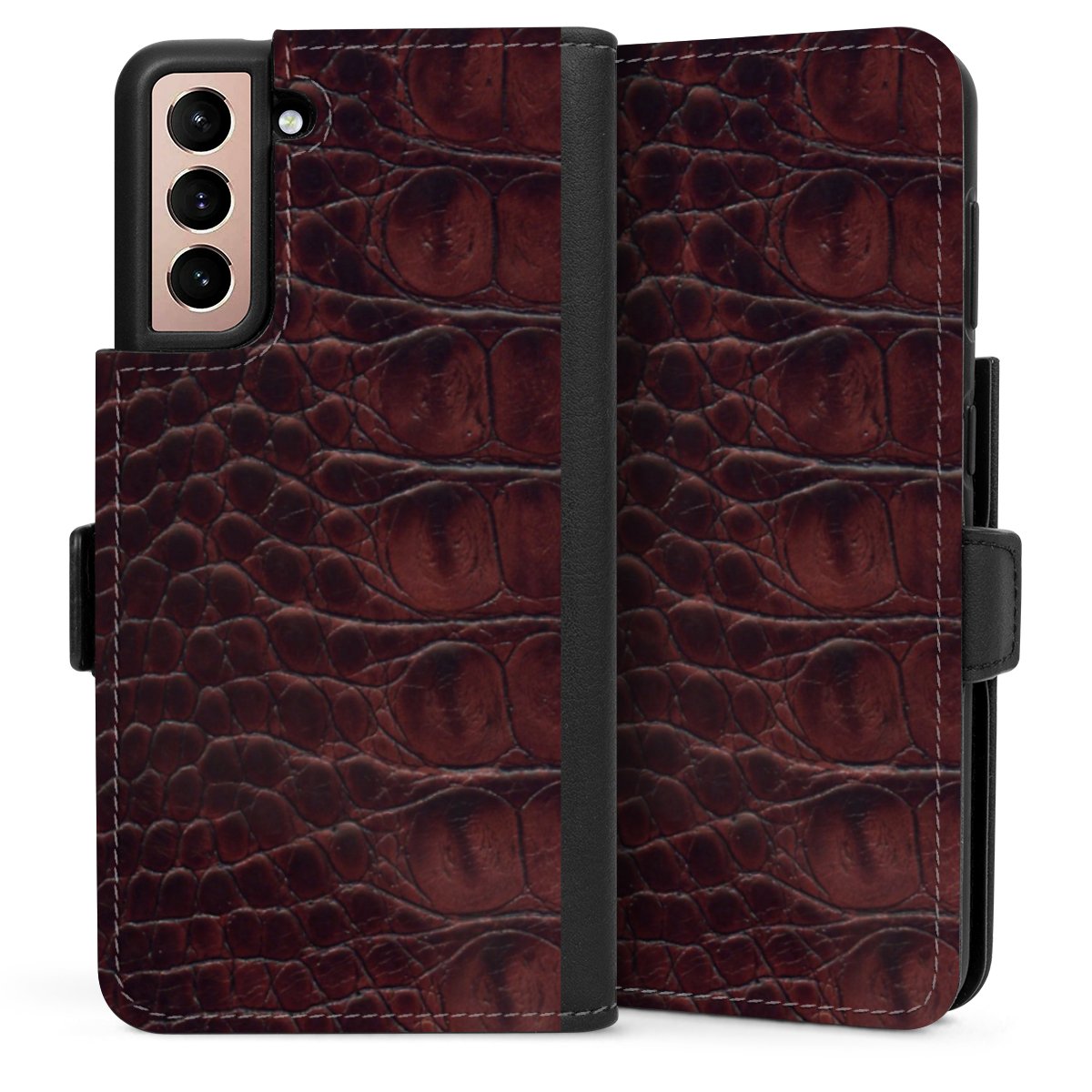 Galaxy S21 5G Handy Klapphülle Handyhülle aus Kunst Leder schwarz Flip Case Crocodile Animal Print Leather Sideflip mit Lasche