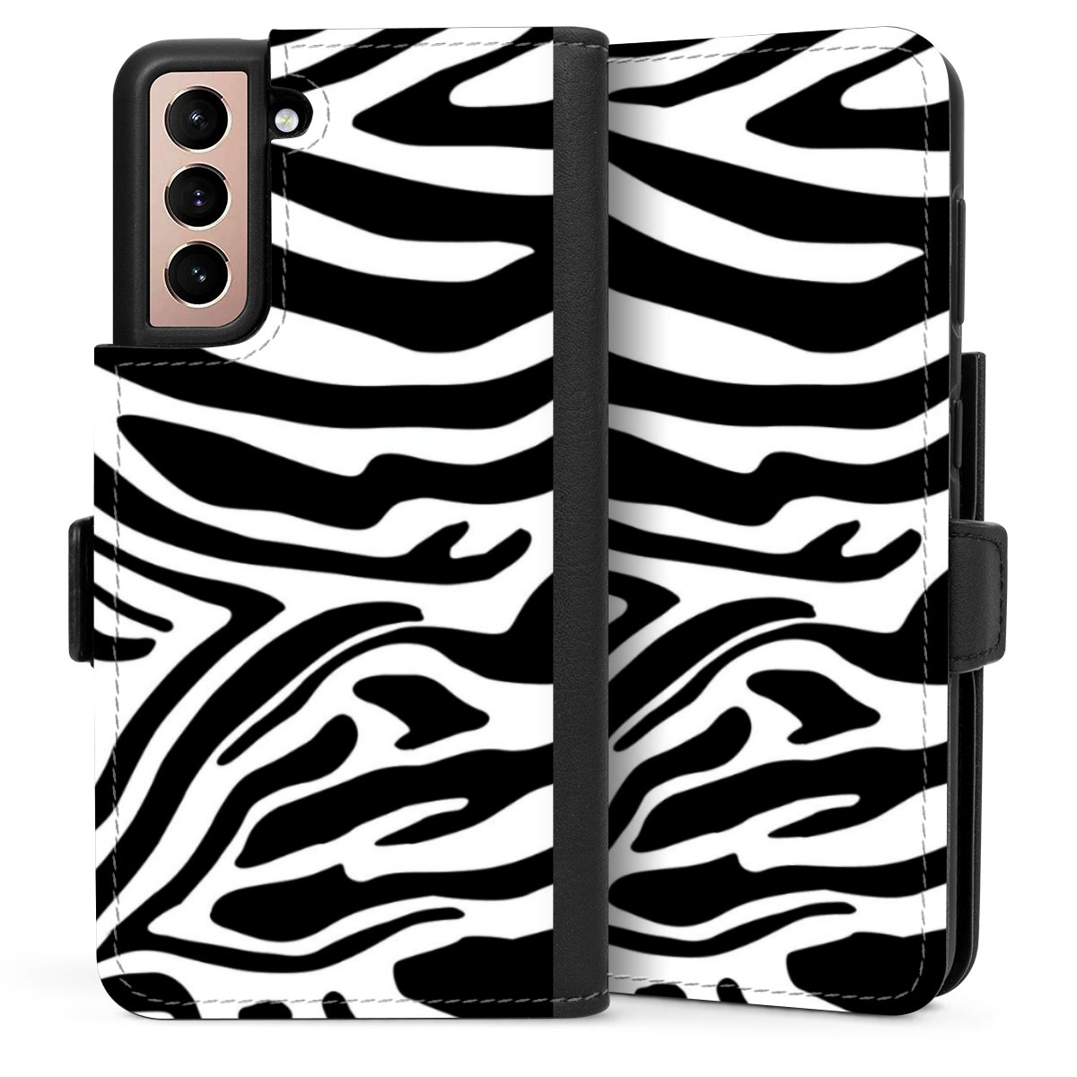 Galaxy S21 5G Handy Klapphülle Handyhülle aus Kunst Leder schwarz Flip Case Zebra Animal Look Animal Print Sideflip mit Lasche