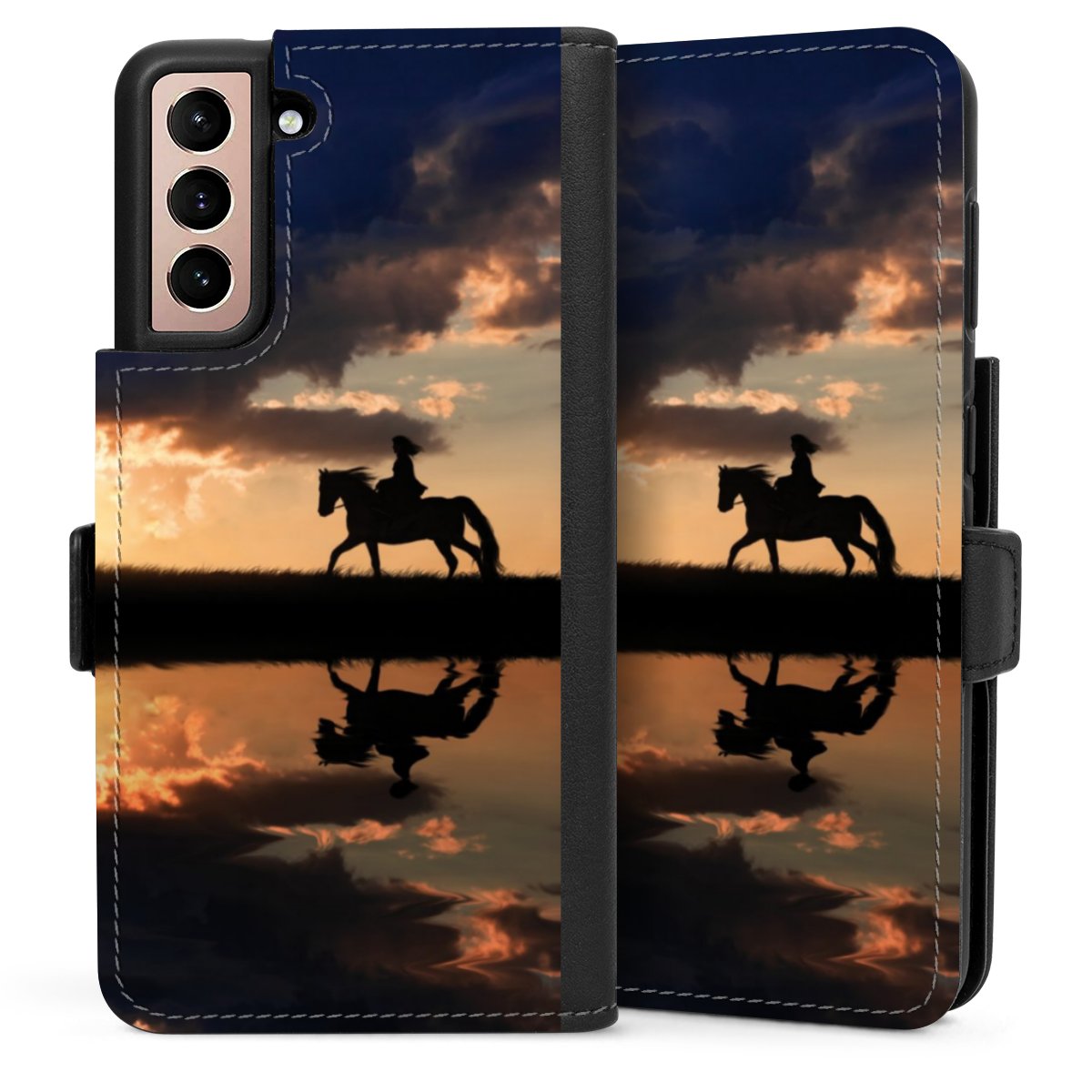 Galaxy S21 5G Handy Klapphülle Handyhülle aus Kunst Leder schwarz Flip Case Horse Sunset Horseback Riding Sideflip mit Lasche