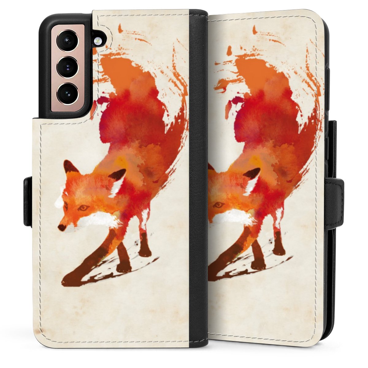 Galaxy S21 5G Handy Klapphülle Handyhülle aus Kunst Leder schwarz Flip Case Fox Graphic Sideflip mit Lasche