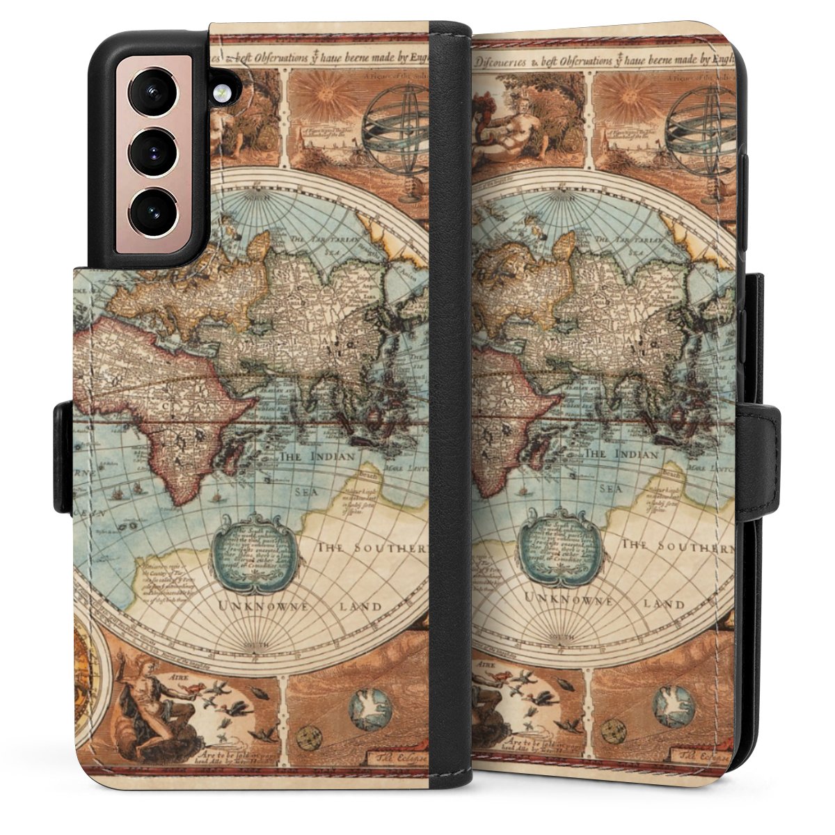 Galaxy S21 5G Handy Klapphülle Handyhülle aus Kunst Leder schwarz Flip Case World Map Vintage Map Sideflip mit Lasche