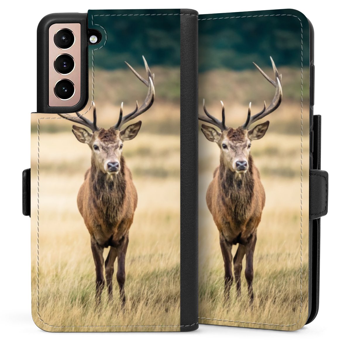 Galaxy S21 5G Handy Klapphülle Handyhülle aus Kunst Leder schwarz Flip Case Deer Meadow Forrest Sideflip mit Lasche