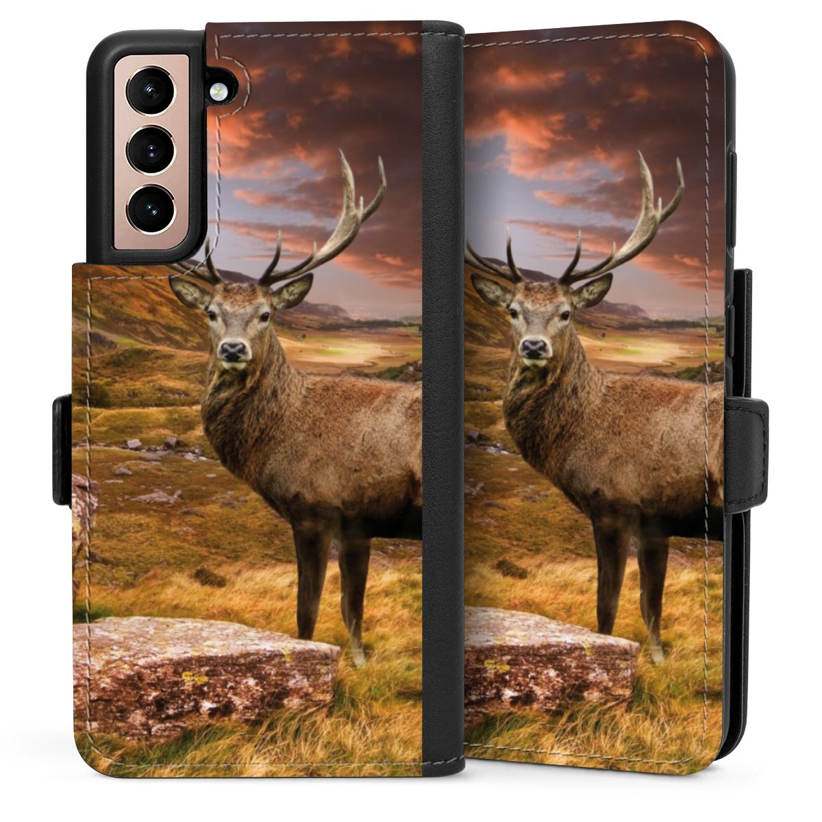 Galaxy S21 5G Handy Klapphülle Handyhülle aus Kunst Leder schwarz Flip Case Meadow Mountain Deer Sideflip mit Lasche