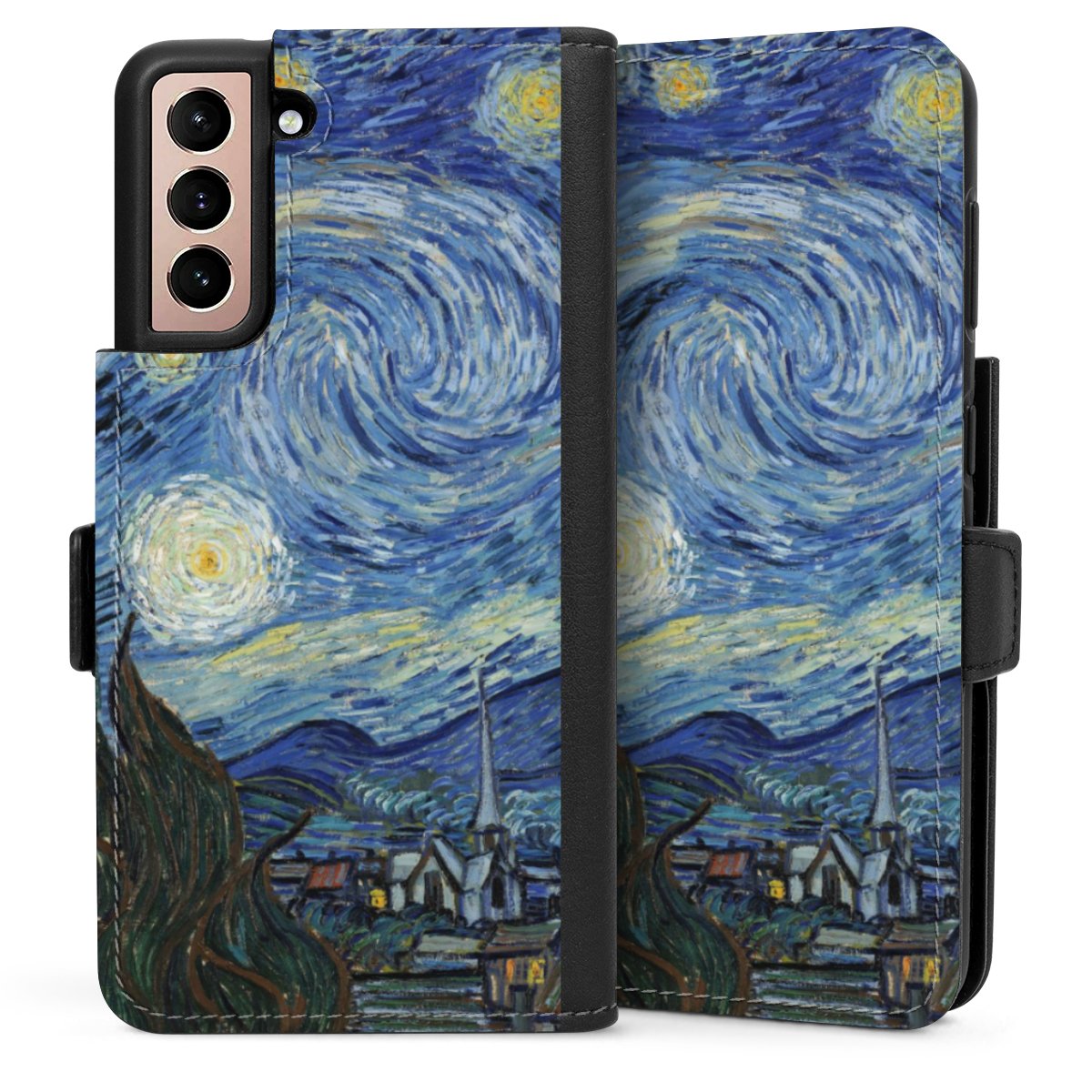 Galaxy S21 5G Handy Klapphülle Handyhülle aus Kunst Leder schwarz Flip Case The Starry Night Kunst Vincent Van Gogh Sideflip mit Lasche