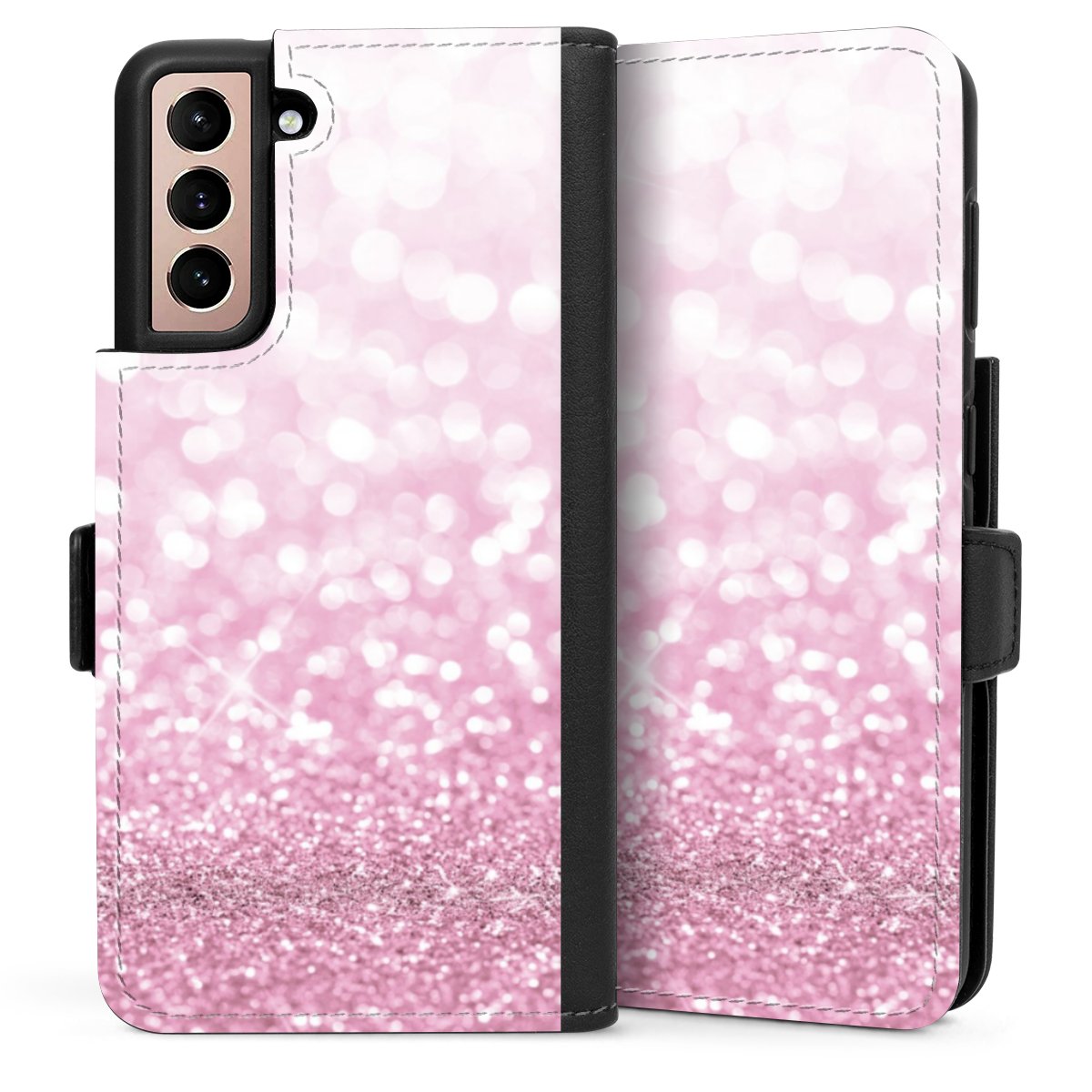 Galaxy S21 5G Handy Klapphülle Handyhülle aus Kunst Leder schwarz Flip Case Glitzer Pink Shine Sideflip mit Lasche