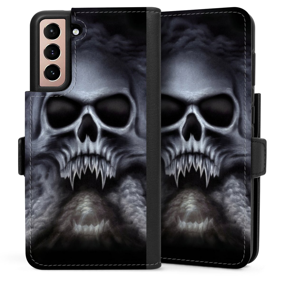 Galaxy S21 5G Handy Klapphülle Handyhülle aus Kunst Leder schwarz Flip Case Totenkopf Skull Sideflip mit Lasche