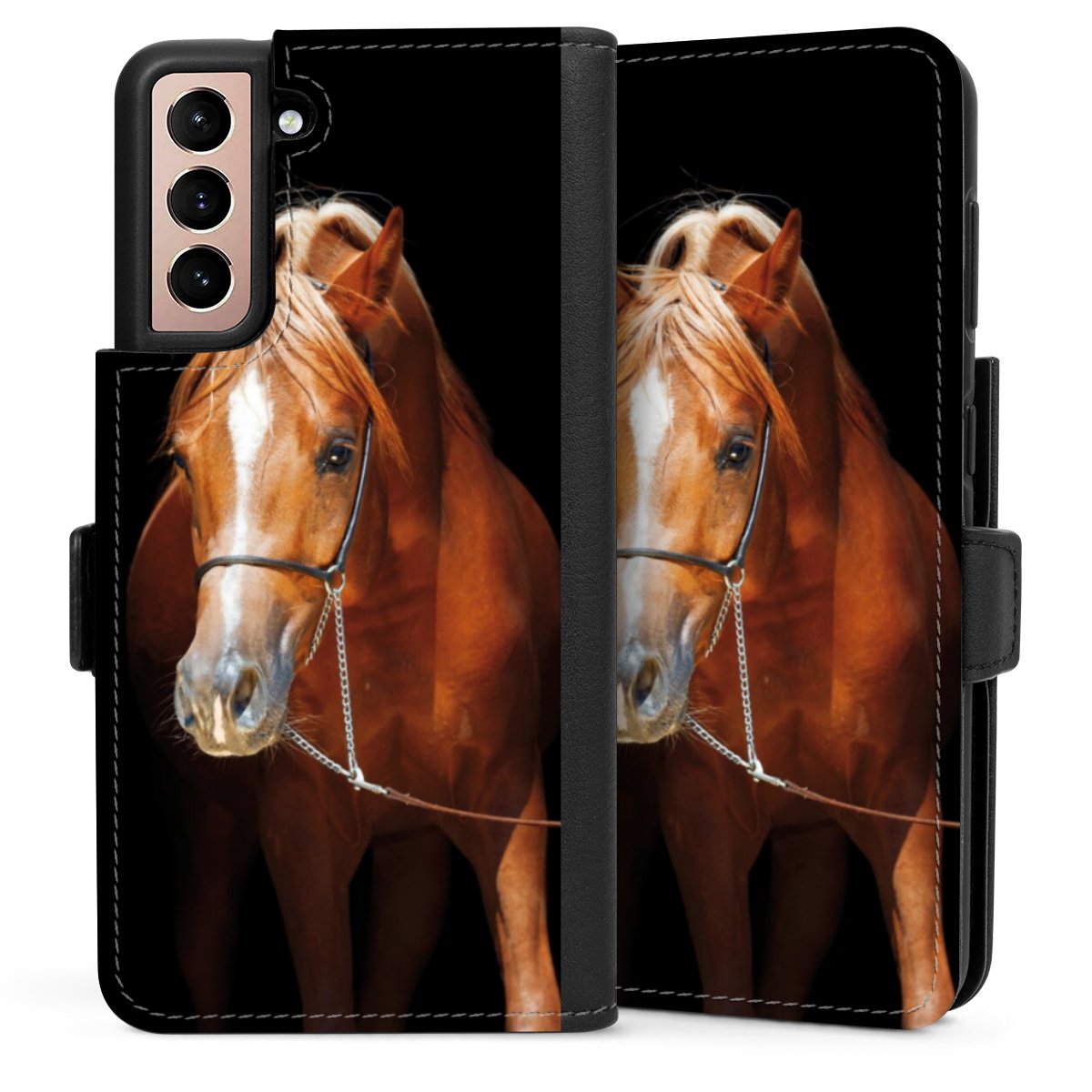 Galaxy S21 5G Handy Klapphülle Handyhülle aus Kunst Leder schwarz Flip Case Mare Horse Hobby Sideflip mit Lasche