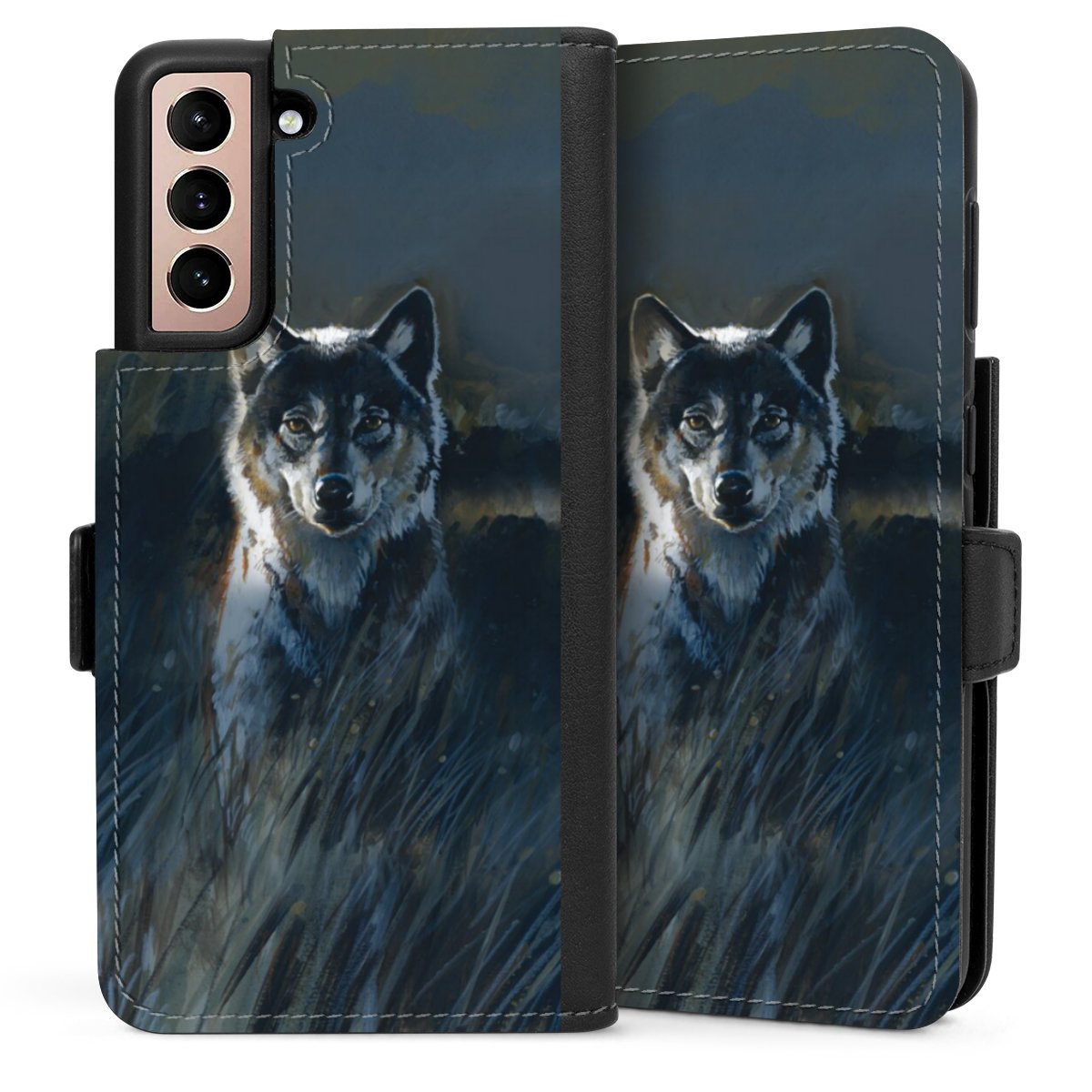 Galaxy S21 5G Handy Klapphülle Handyhülle aus Kunst Leder schwarz Flip Case Nature Wolf Painting Sideflip mit Lasche