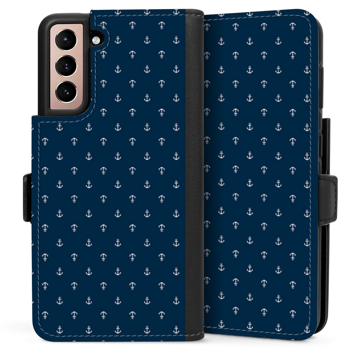 Galaxy S21 5G Handy Klapphülle Handyhülle aus Kunst Leder schwarz Flip Case Muster Anchor Sail Sideflip mit Lasche