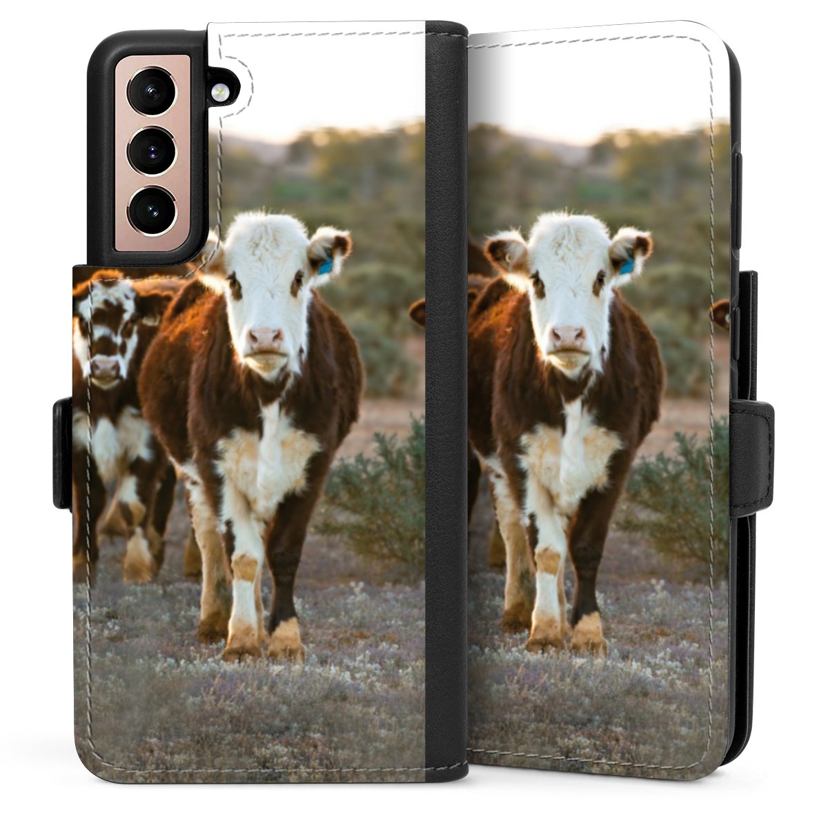 Galaxy S21 5G Handy Klapphülle Handyhülle aus Kunst Leder schwarz Flip Case Cow Farmer Calf Sideflip mit Lasche