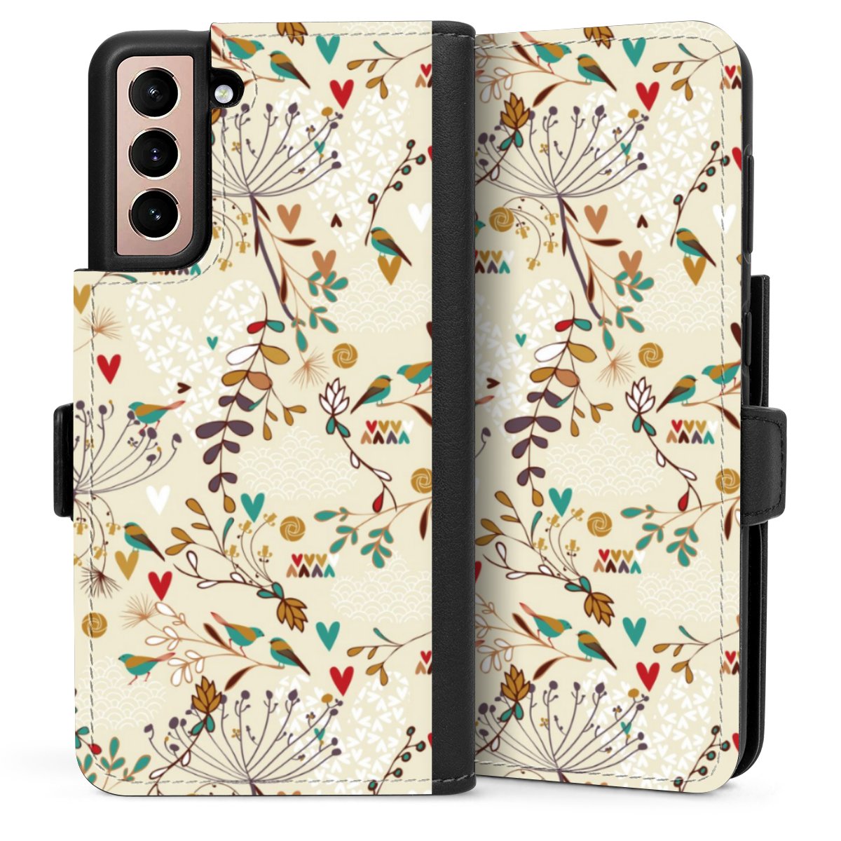 Galaxy S21 5G Handy Klapphülle Handyhülle aus Kunst Leder schwarz Flip Case Bird Flowers Retro Sideflip mit Lasche