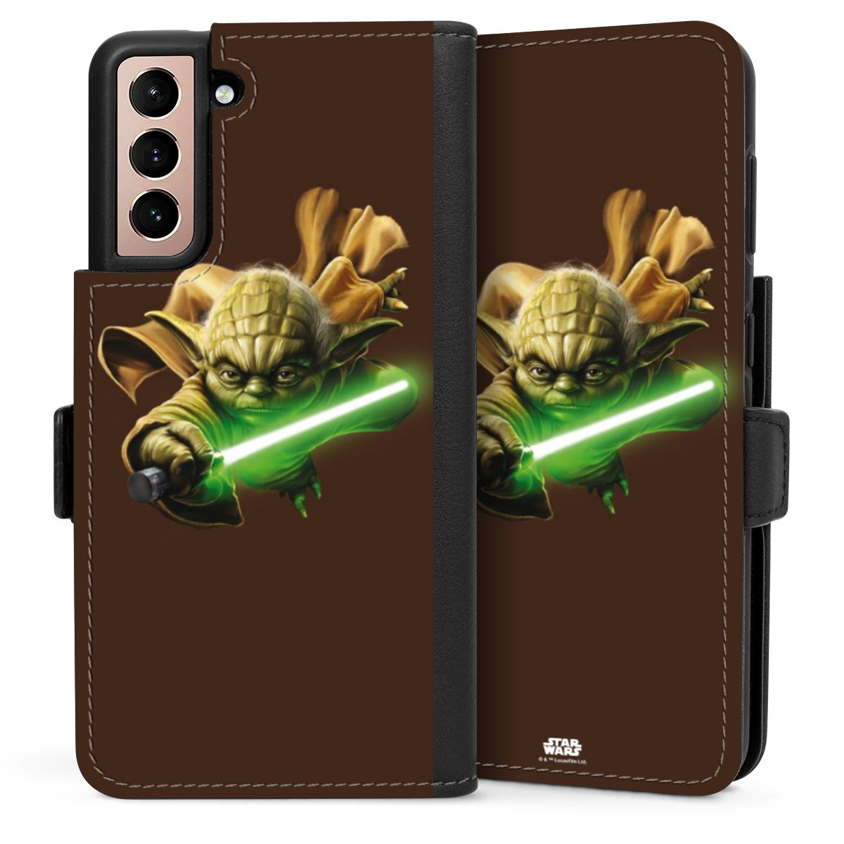 Galaxy S21 5G Handy Klapphülle Handyhülle aus Kunst Leder schwarz Flip Case Yoda Merchandise Star Wars Sideflip mit Lasche