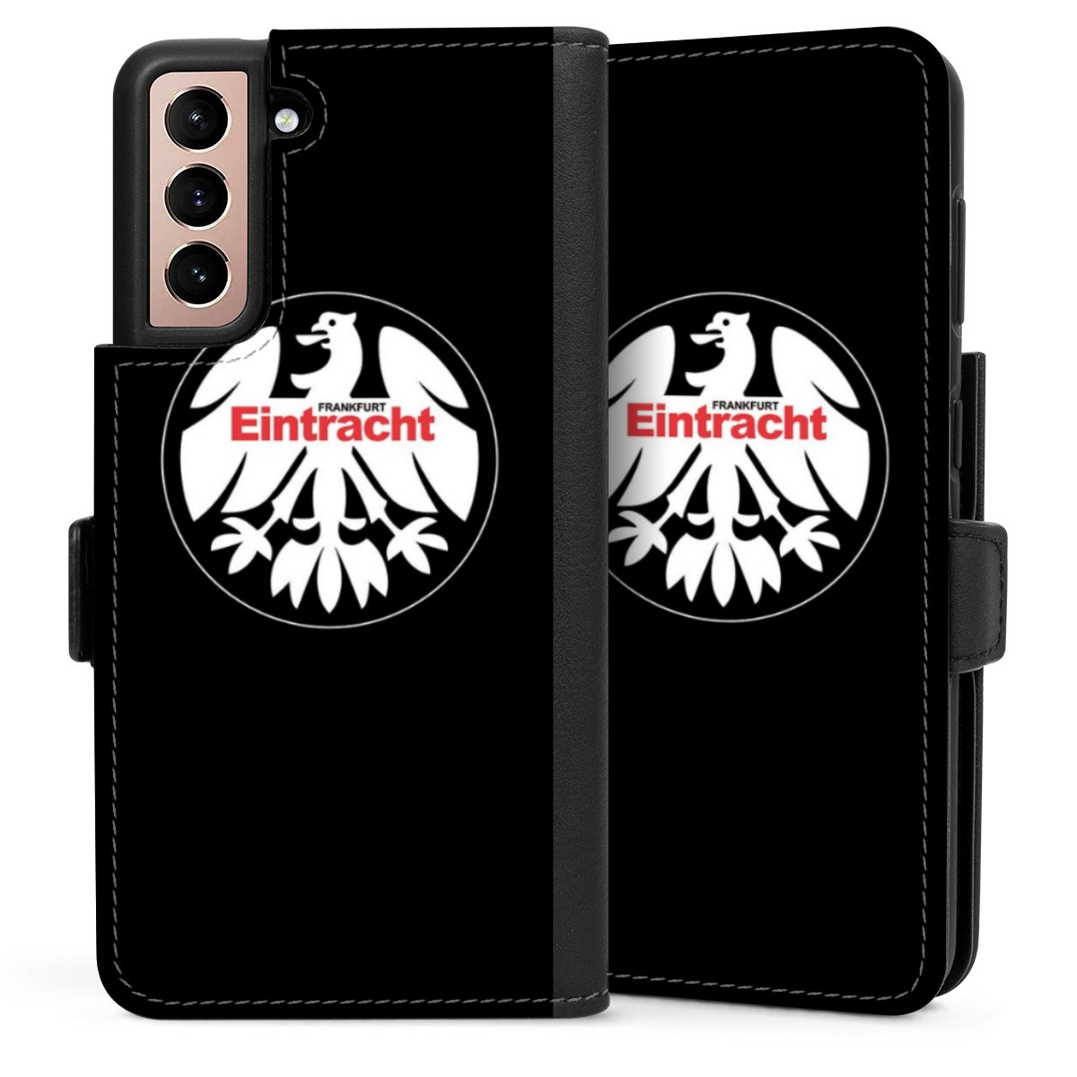 Galaxy S21 5G Handy Klapphülle Handyhülle aus Kunst Leder schwarz Flip Case Official Licensed Product Eintracht Frankfurt Sge Sideflip mit Lasche