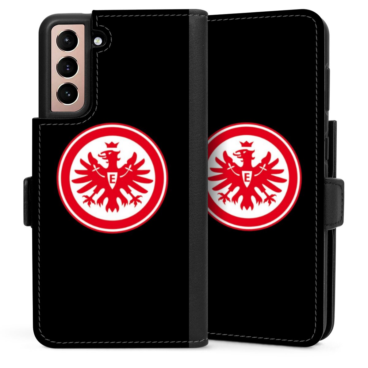 Galaxy S21 5G Handy Klapphülle Handyhülle aus Kunst Leder schwarz Flip Case Eintracht Frankfurt Sge Eagle Sideflip mit Lasche