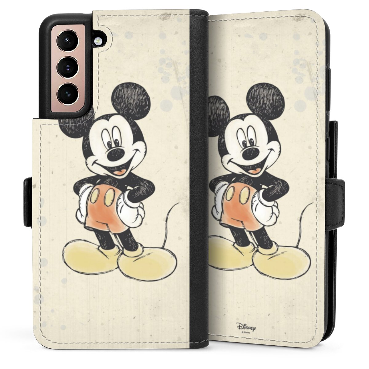 Galaxy S21 5G Handy Klapphülle Handyhülle aus Kunst Leder schwarz Flip Case Water Colour Mickey & Minnie Mouse Official Licensed Product Sideflip mit Lasche