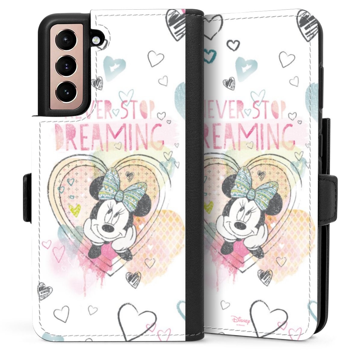 Galaxy S21 5G Handy Klapphülle Handyhülle aus Kunst Leder schwarz Flip Case Disney Official Licensed Product Minnie Mouse Sideflip mit Lasche