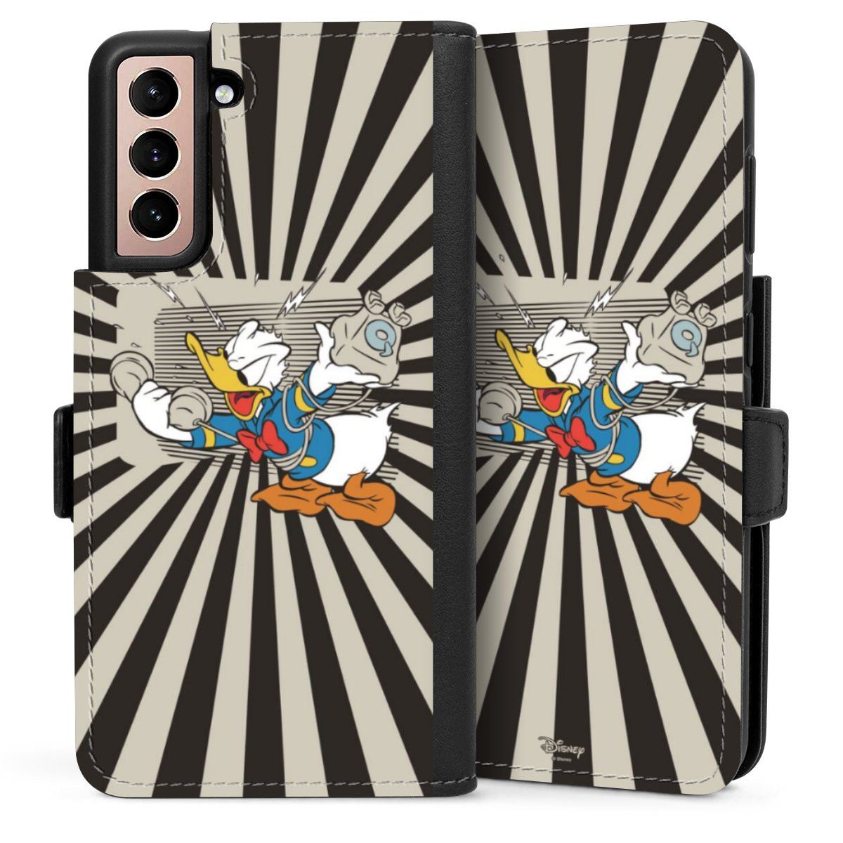 Galaxy S21 5G Handy Klapphülle Handyhülle aus Kunst Leder schwarz Flip Case Donald Duck Disney Official Licensed Product Sideflip mit Lasche