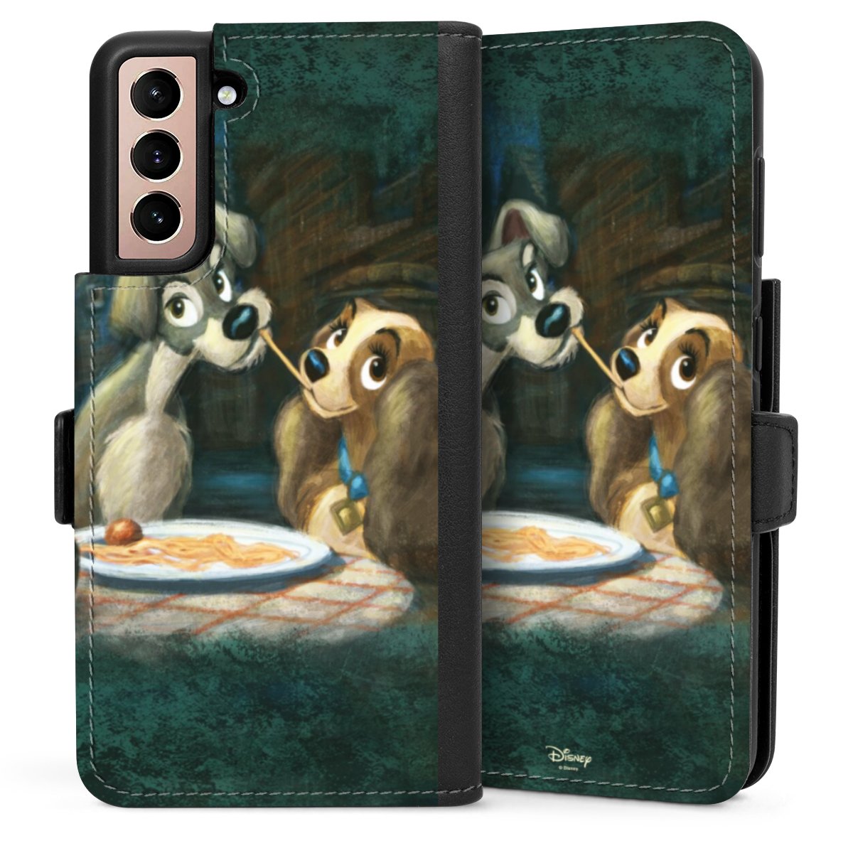 Galaxy S21 5G Handy Klapphülle Handyhülle aus Kunst Leder schwarz Flip Case Lady And The Tramp Official Licensed Product Disney Sideflip mit Lasche