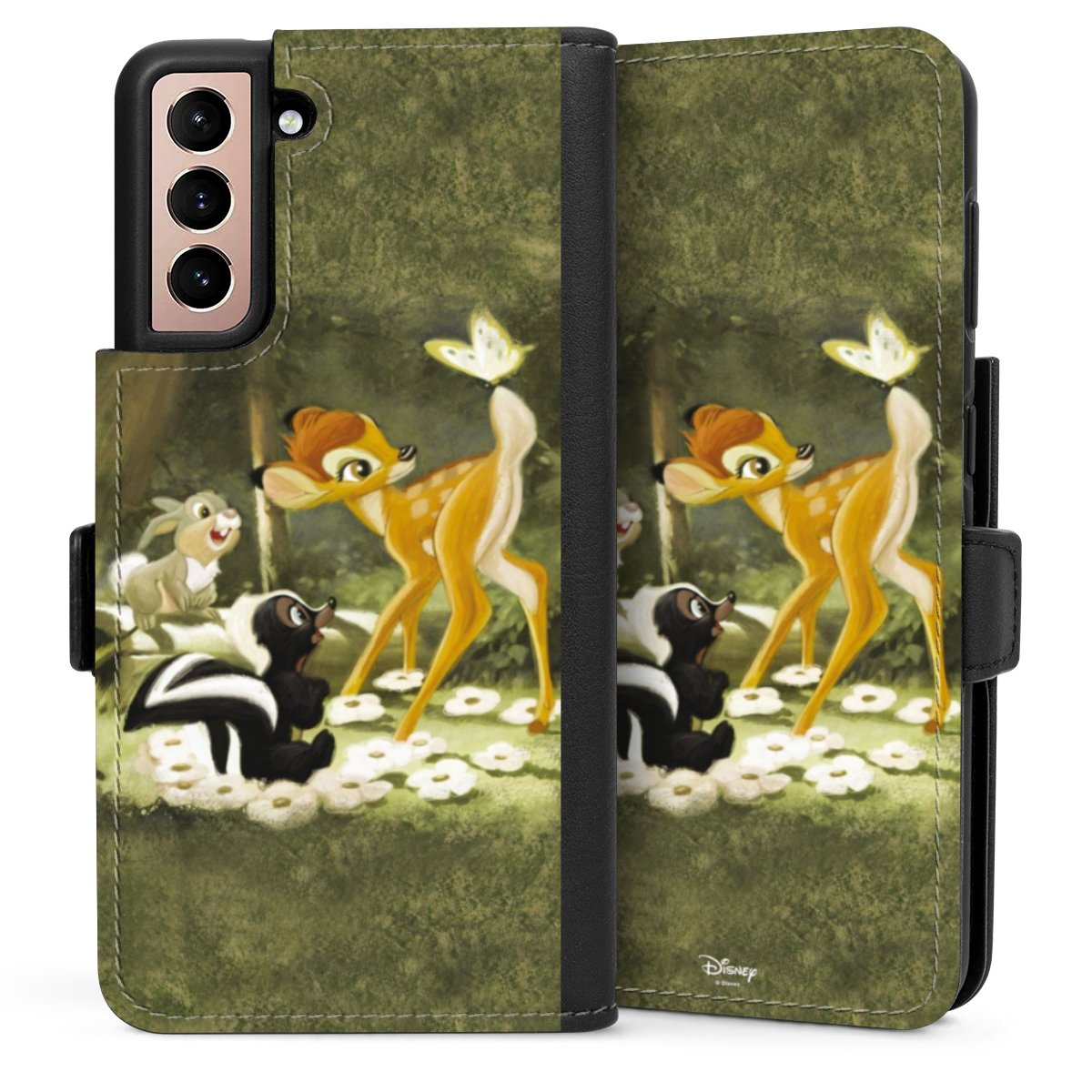 Galaxy S21 5G Handy Klapphülle Handyhülle aus Kunst Leder schwarz Flip Case Disney Official Licensed Product Bambi Sideflip mit Lasche