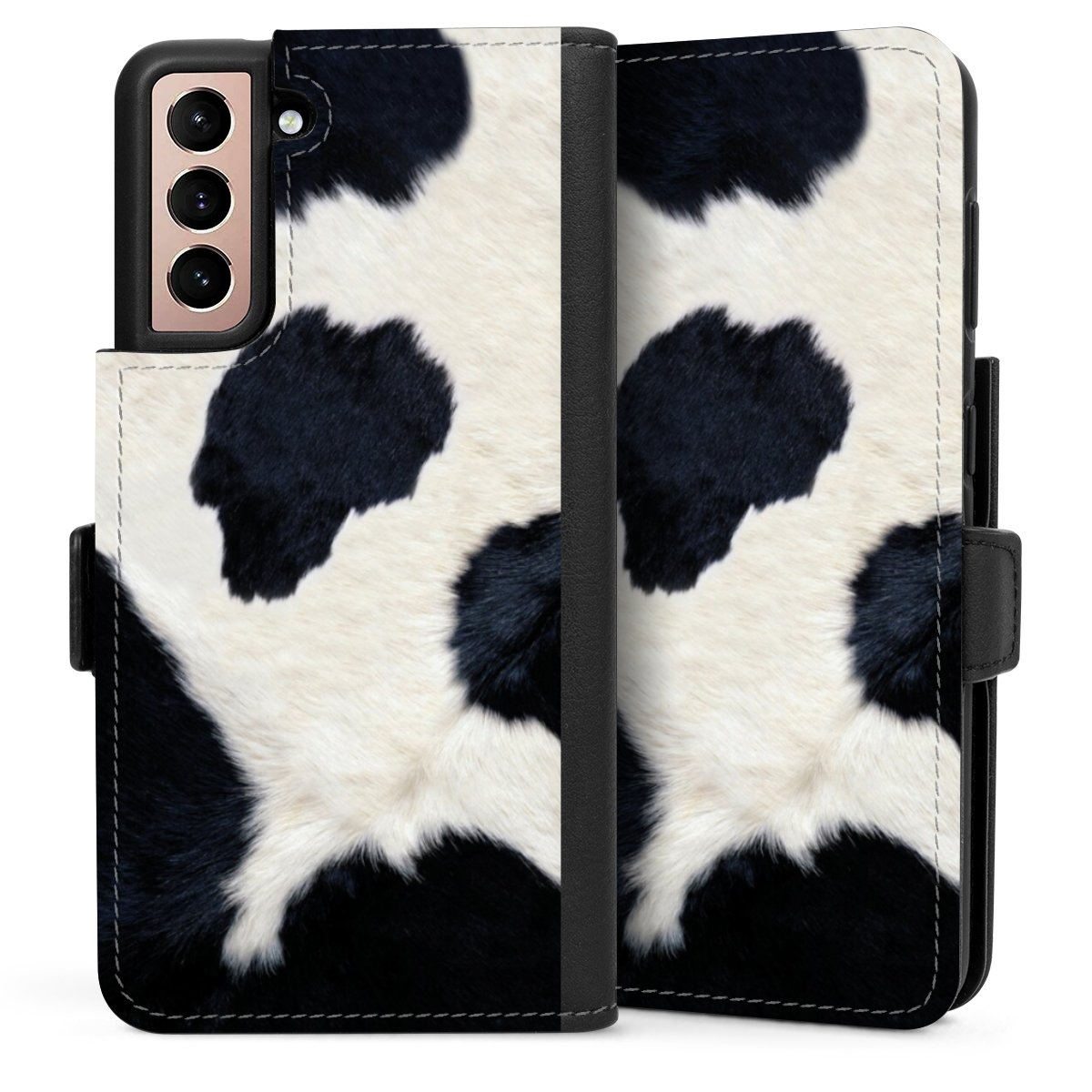 Galaxy S21 5G Handy Klapphülle Handyhülle aus Kunst Leder schwarz Flip Case Animal Look Animal Print Cow Skin Sideflip mit Lasche