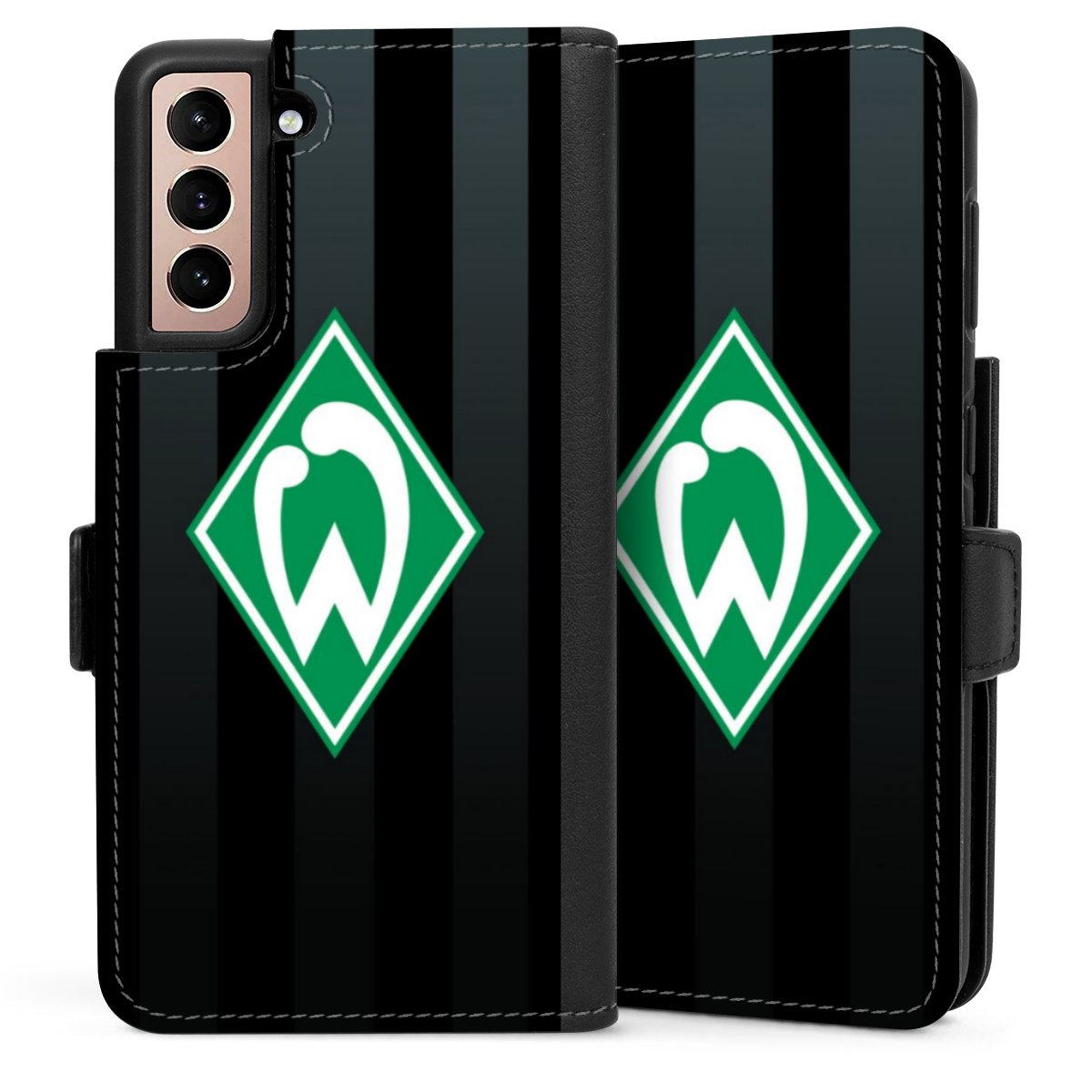 Galaxy S21 5G Handy Klapphülle Handyhülle aus Kunst Leder schwarz Flip Case Stripes Sv Werder Bremen Official Licensed Product Sideflip mit Lasche