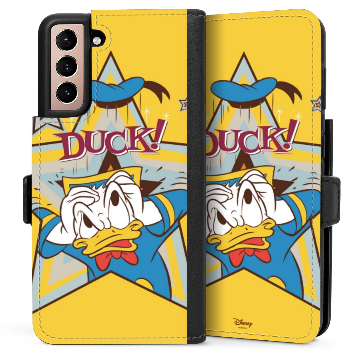 Galaxy S21 5G Handy Klapphülle Handyhülle aus Kunst Leder schwarz Flip Case Official Licensed Product Donald Duck Disney Sideflip mit Lasche