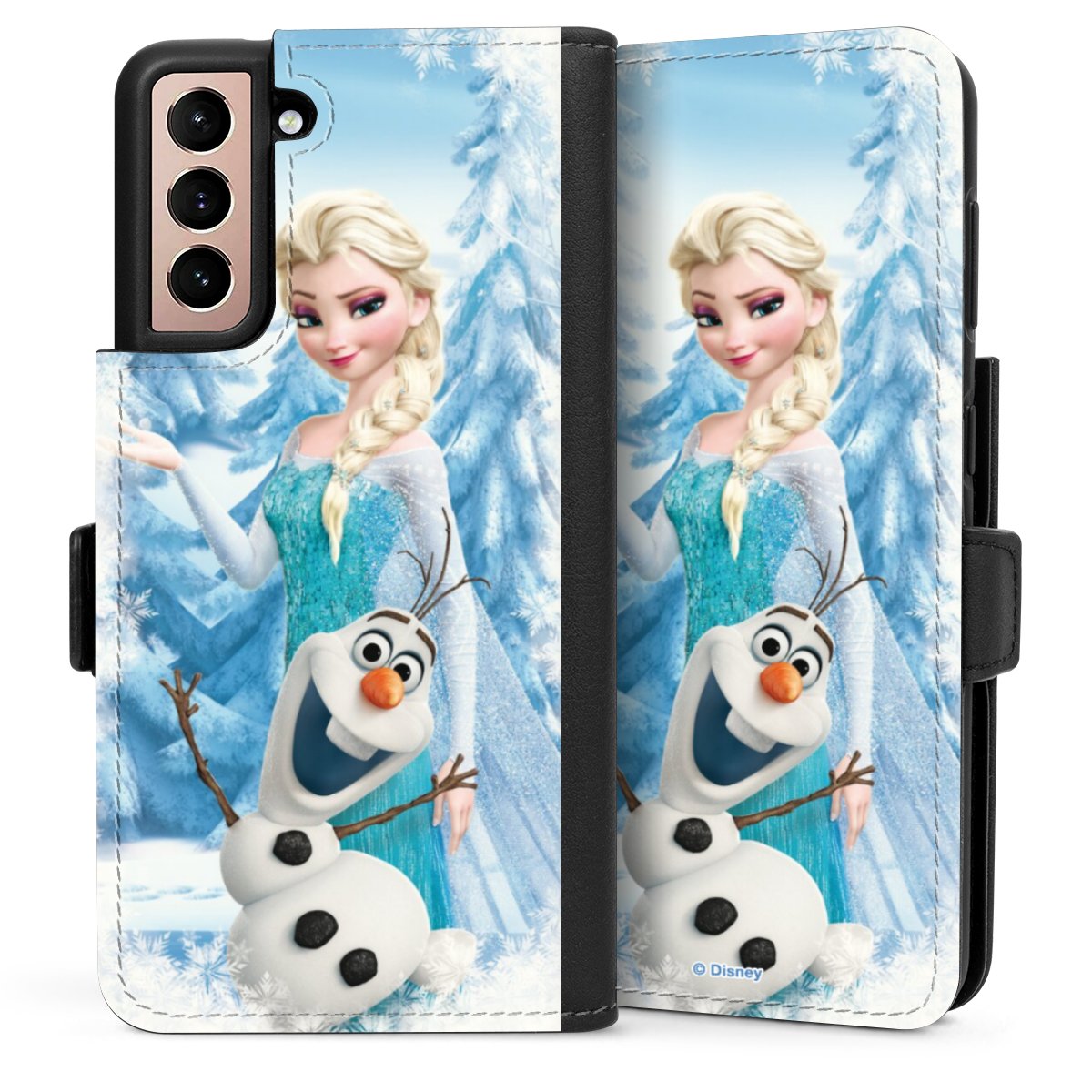 Galaxy S21 5G Handy Klapphülle Handyhülle aus Kunst Leder schwarz Flip Case Official Licensed Product Frozen Elsa Disney Sideflip mit Lasche