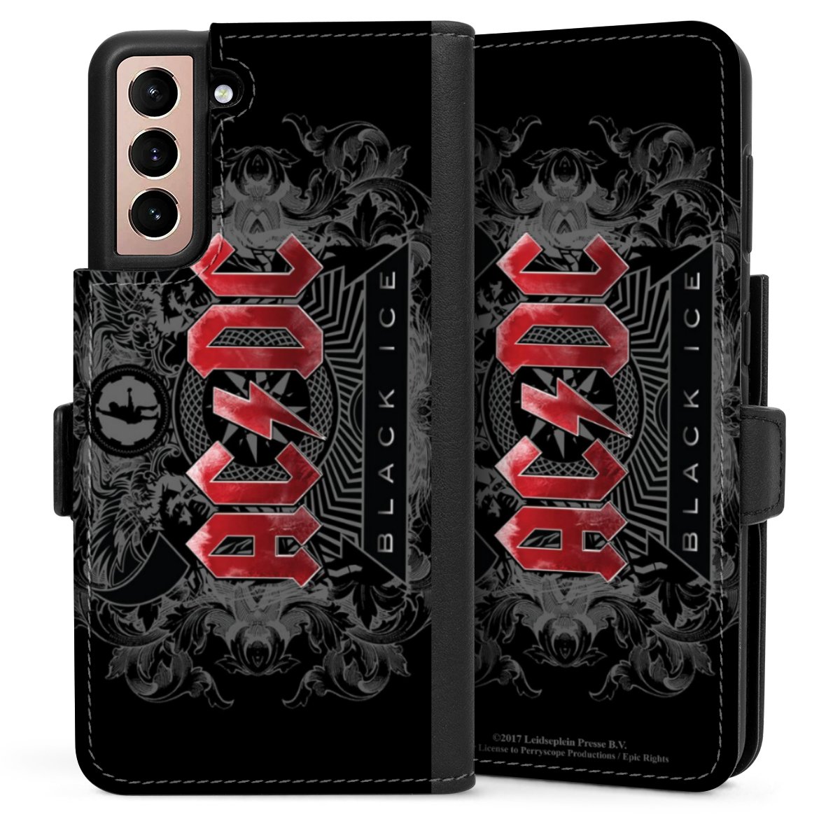 Galaxy S21 5G Handy Klapphülle Handyhülle aus Kunst Leder schwarz Flip Case Merchandise Black Ice Acdc Sideflip mit Lasche