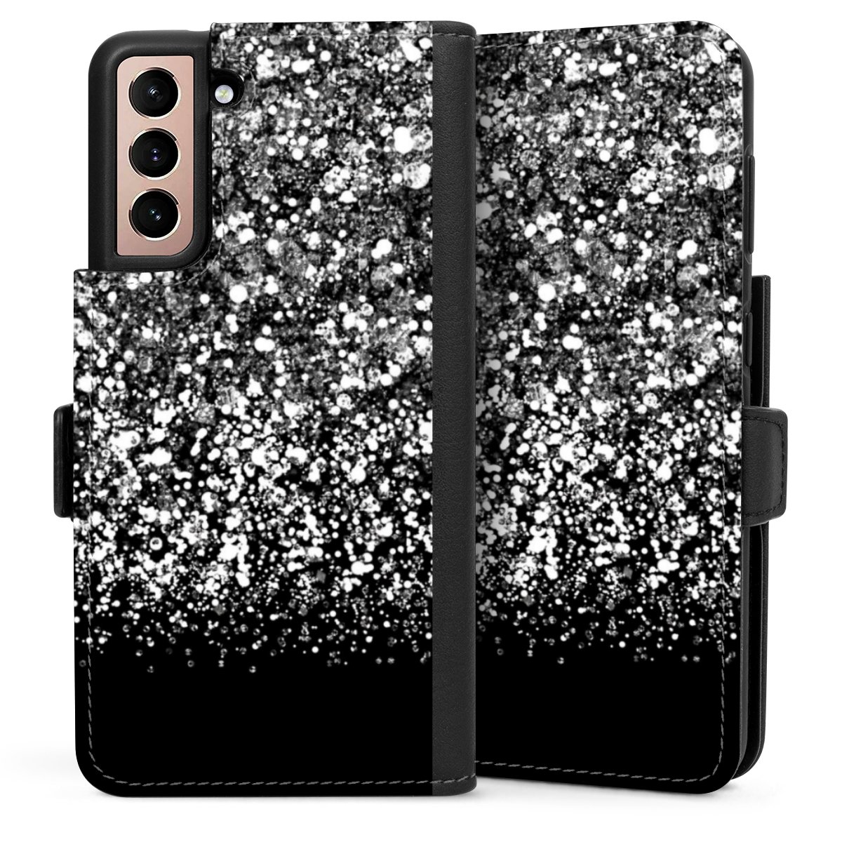 Galaxy S21 5G Handy Klapphülle Handyhülle aus Kunst Leder schwarz Flip Case Glitzer Snowflake Muster Sideflip mit Lasche