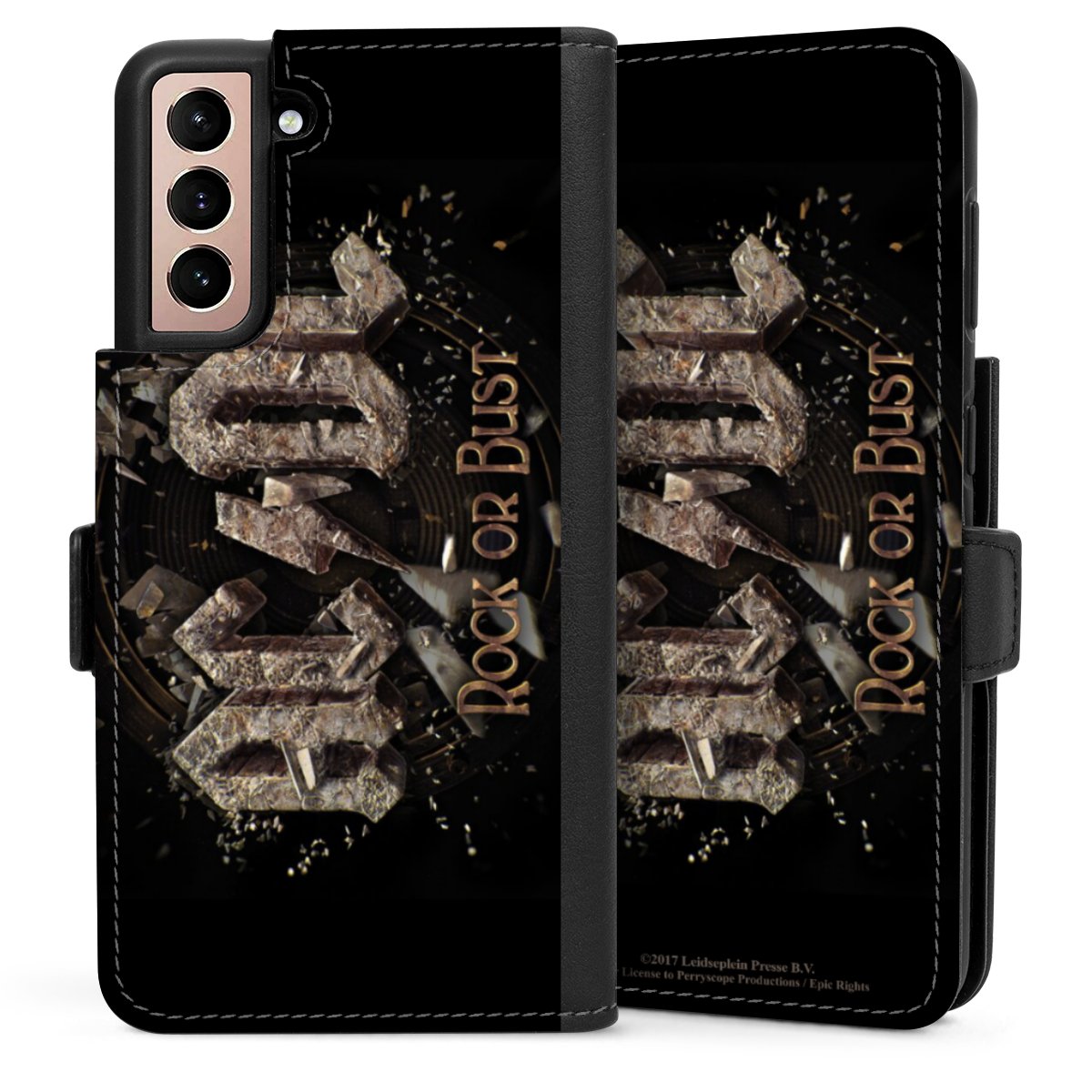 Galaxy S21 5G Handy Klapphülle Handyhülle aus Kunst Leder schwarz Flip Case Acdc Official Licensed Product Rock Or Bust Sideflip mit Lasche