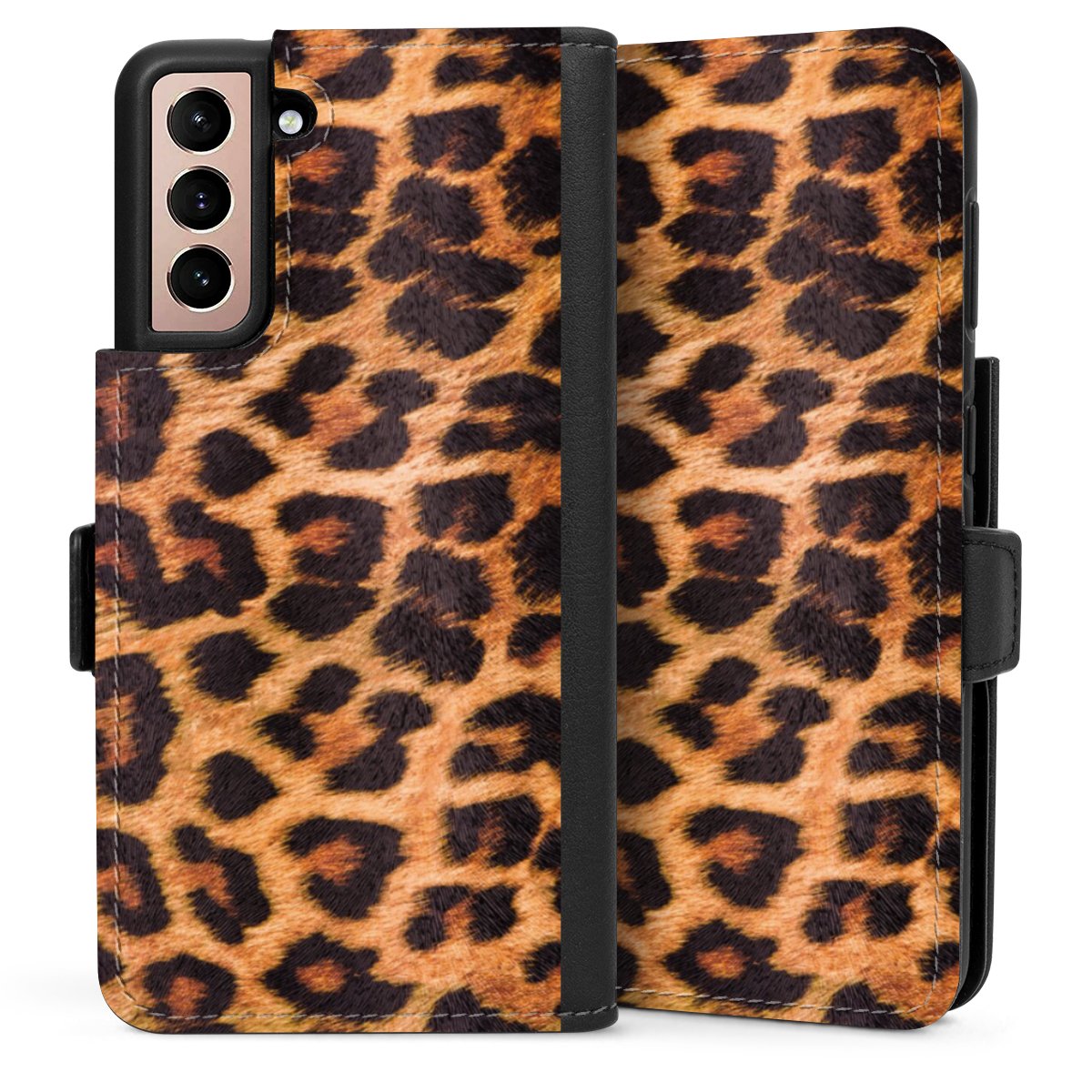 Galaxy S21 5G Handy Klapphülle Handyhülle aus Kunst Leder schwarz Flip Case Animal Print Leopard Fur Sideflip mit Lasche